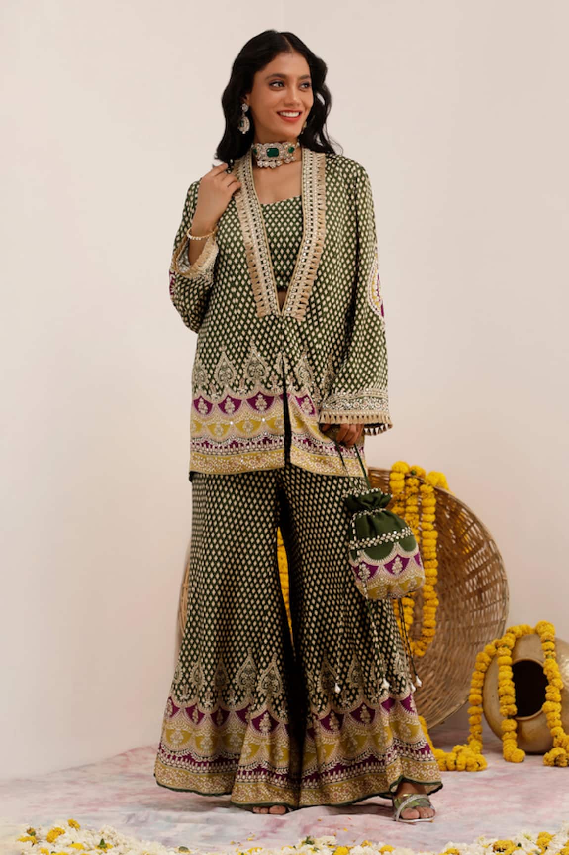 Surkh Syahi Tribal Blossom Print Blazer & Sharara Set 
