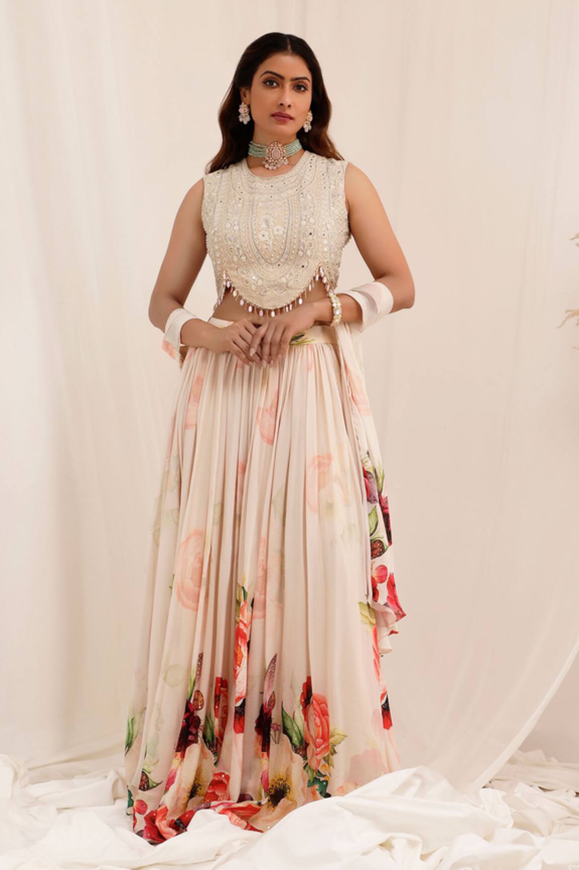Surkh Syahi Gul Dasta Print Peach Lehenga Set 