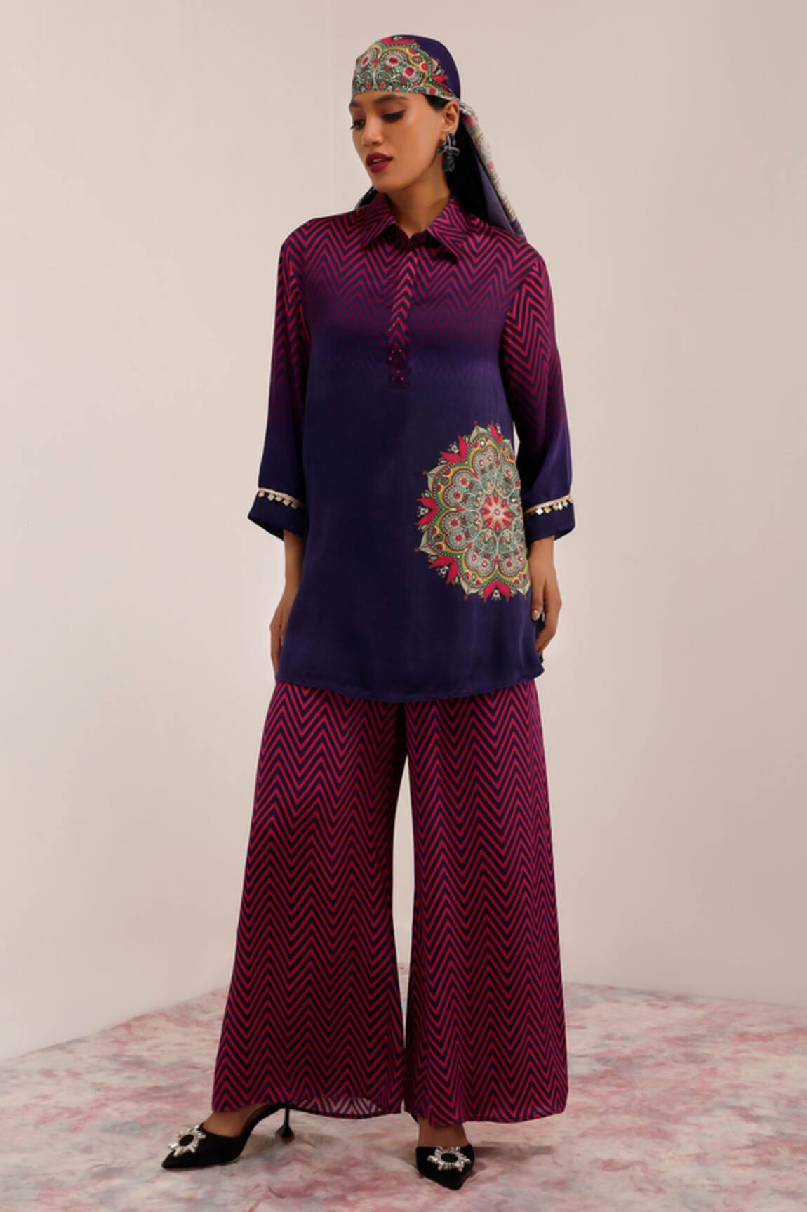 Surkh Syahi Mandala Art Print Tunic & Chevron Palazzo Set 