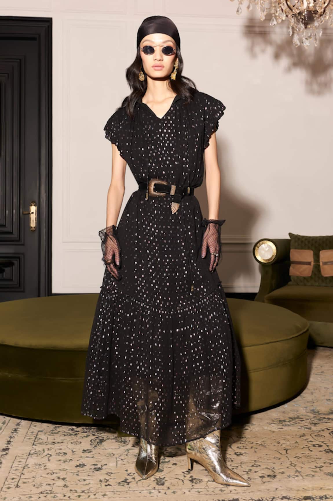 Kay Kay Black Lurex Stripe Pattern Midi Dress