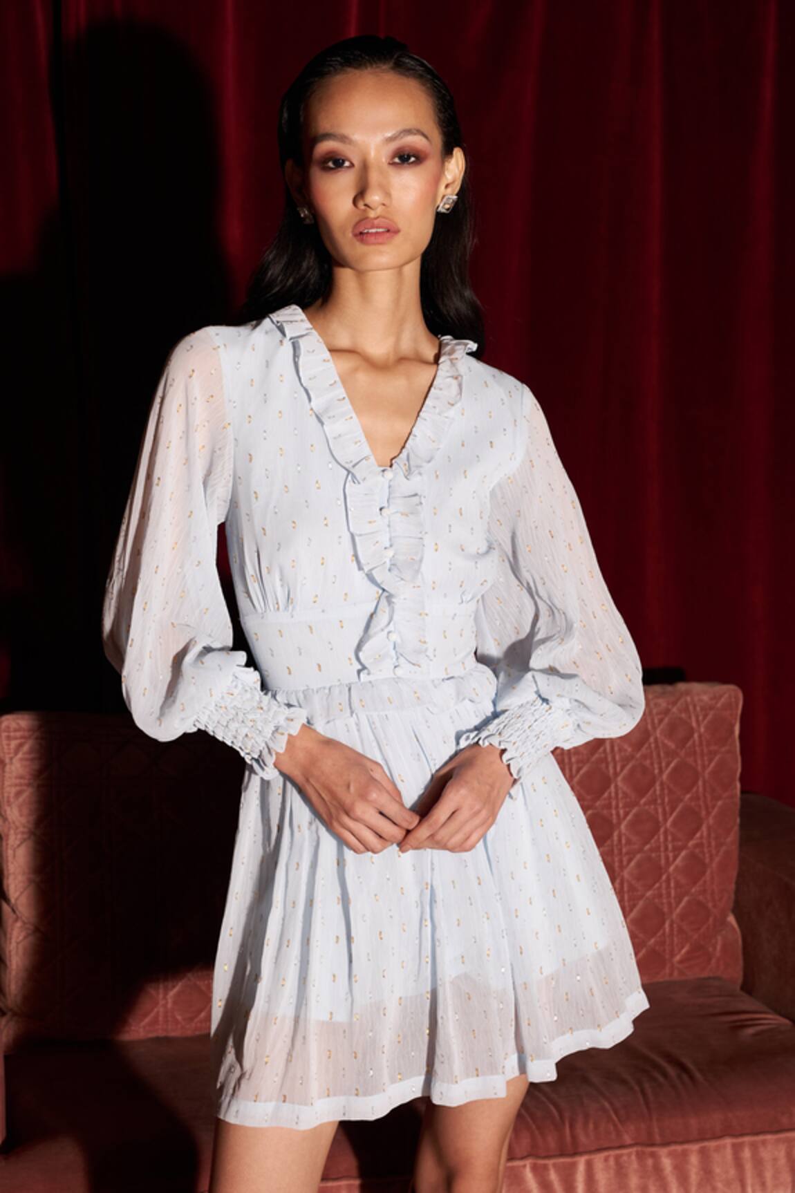 Kay Kay Lurex Stripe Ruffle Neck Dress