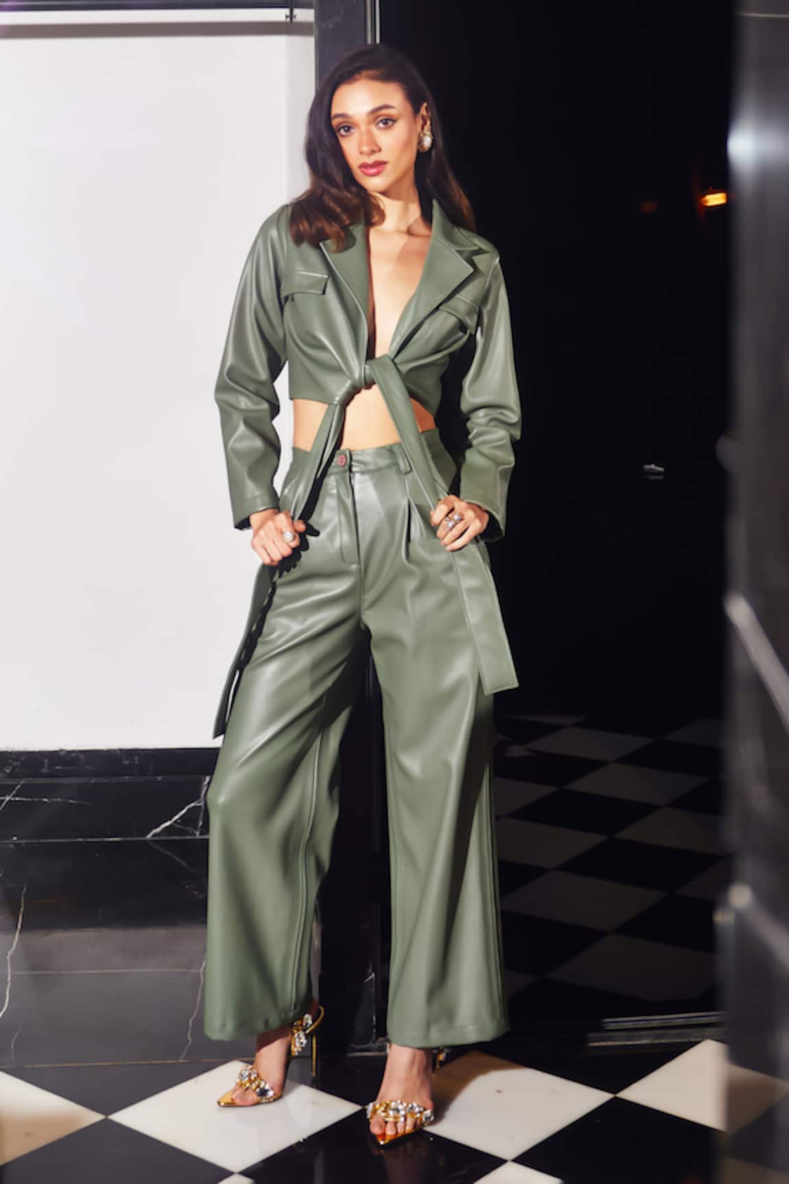 Kay Kay Green Leather Crop Top & Flared Pant Set