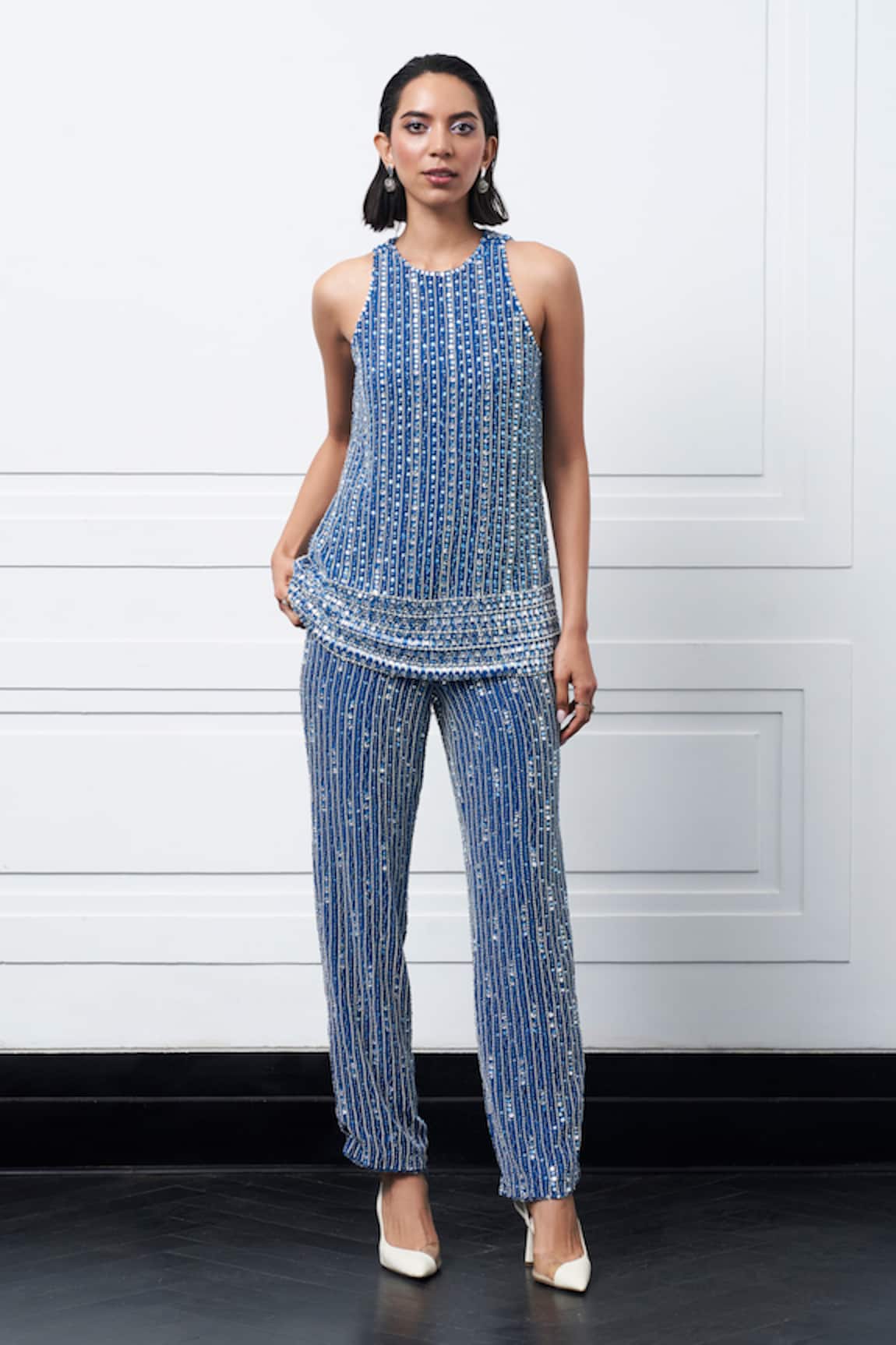 Kay Kay Blue Pearl Stone Embroidered Top & Pant Set 
