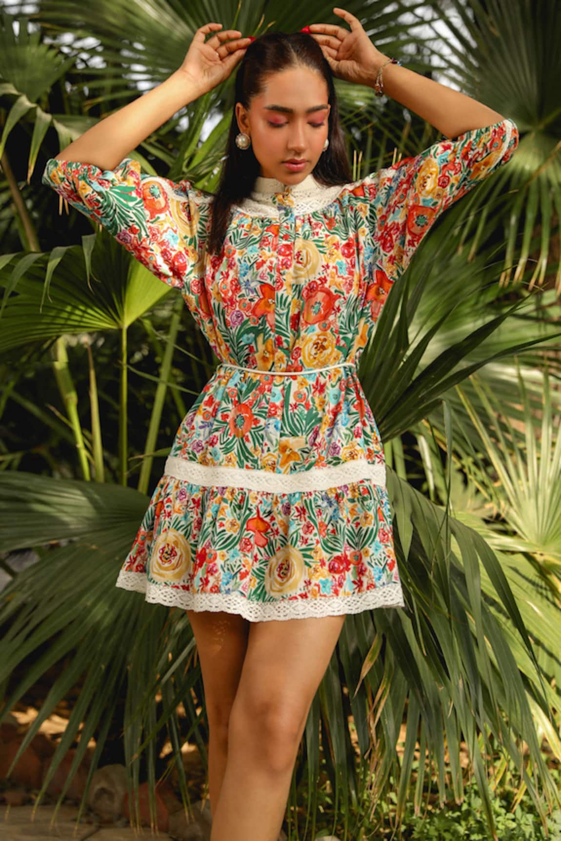 KAY KAY Floral Print Short Dress With Puffed Sleeves 
