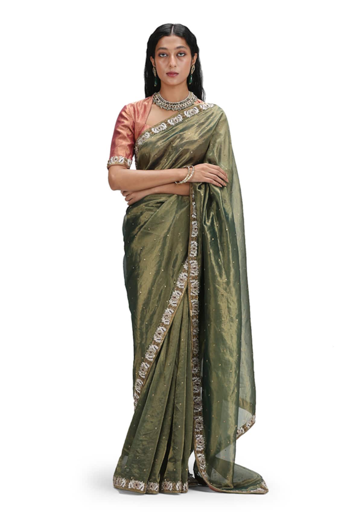 Mimamsaa Olive Green Sequined Metallic Saree & Blouse 