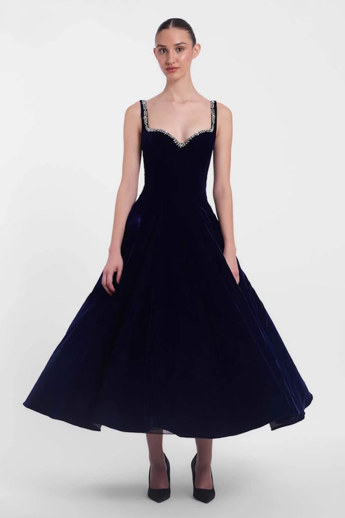 Gauri & Nainika Navy Blue Crystal Embroidered Midi Dress 