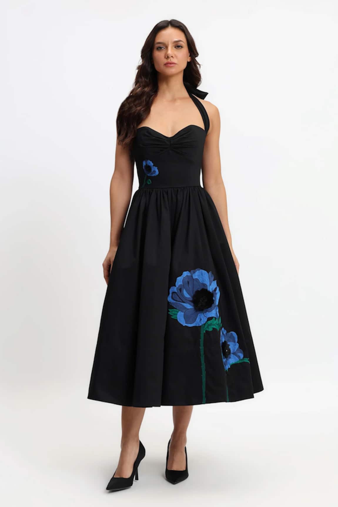 Gauri & Nainika Botanical Embroidered Black Midi Dress 