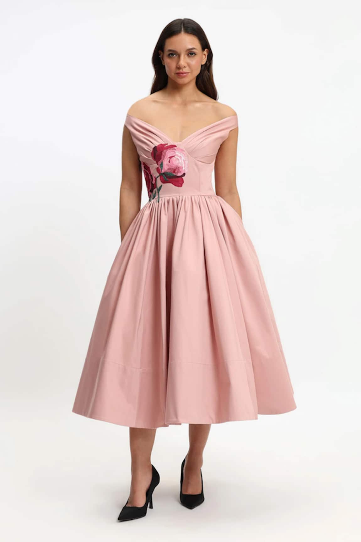 Gauri & Nainika Botanical Embroidered Off-Shoulder Midi Dress 