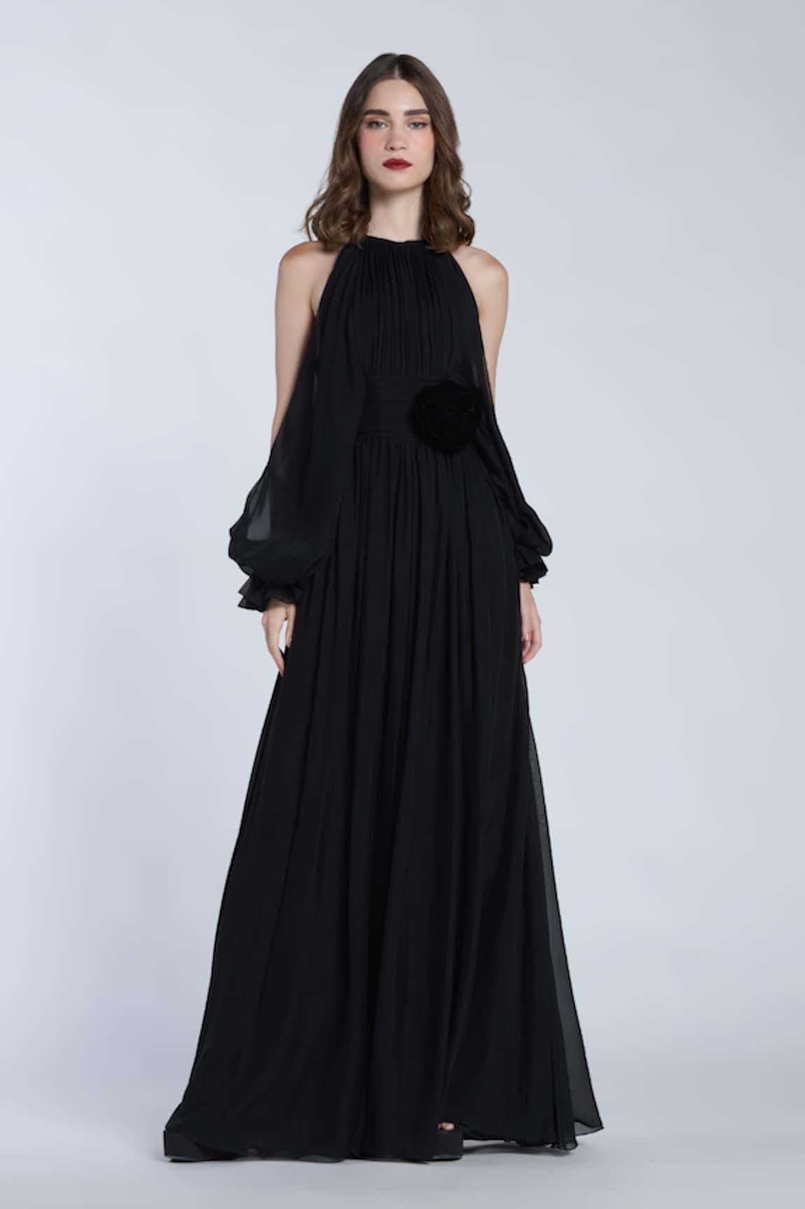 Gauri & Nainika Black Halter Neck Jumpsuit with Rose 