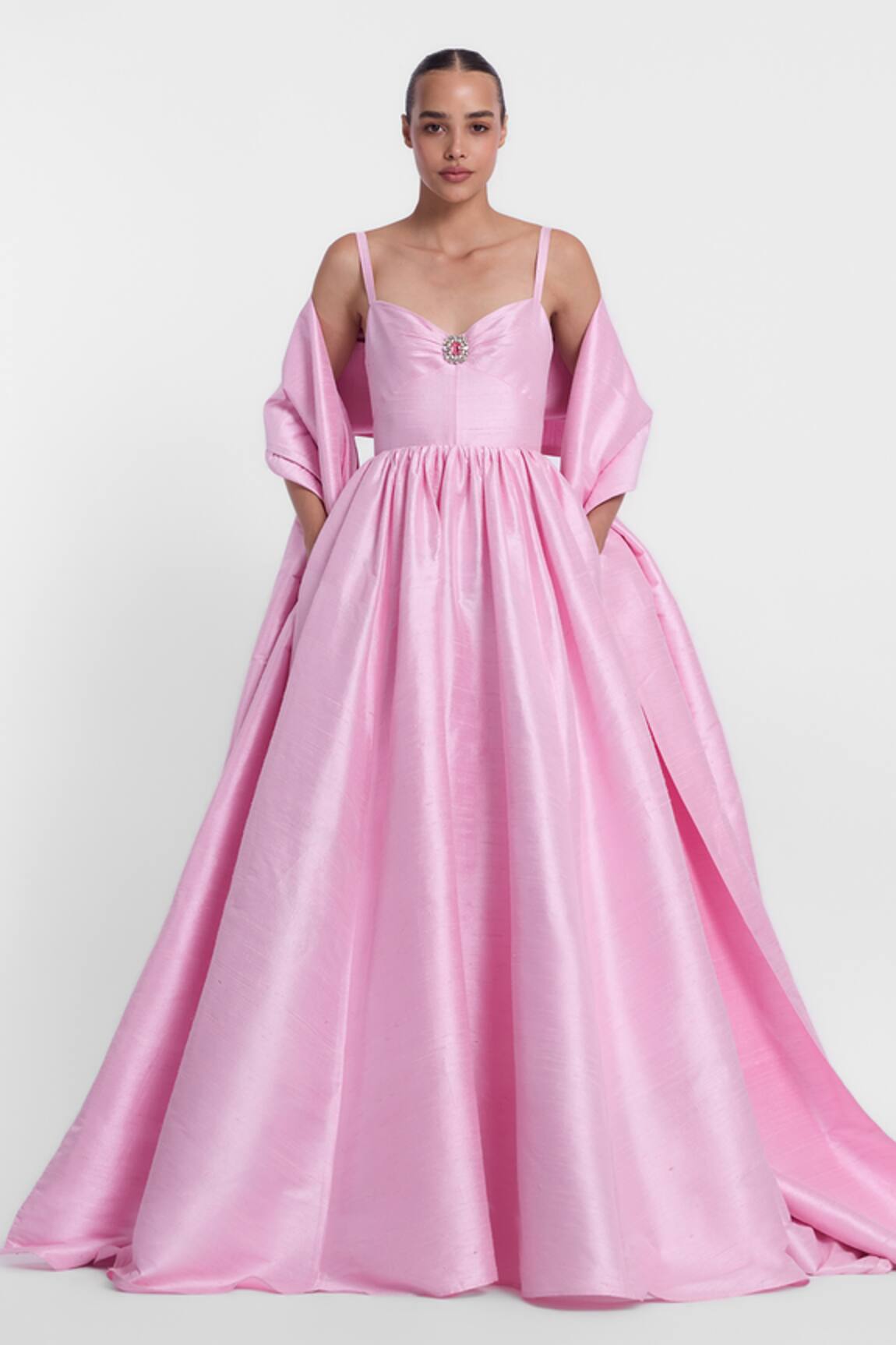 Gauri & Nainika Brooch Embellished Pink Gown & Stole 