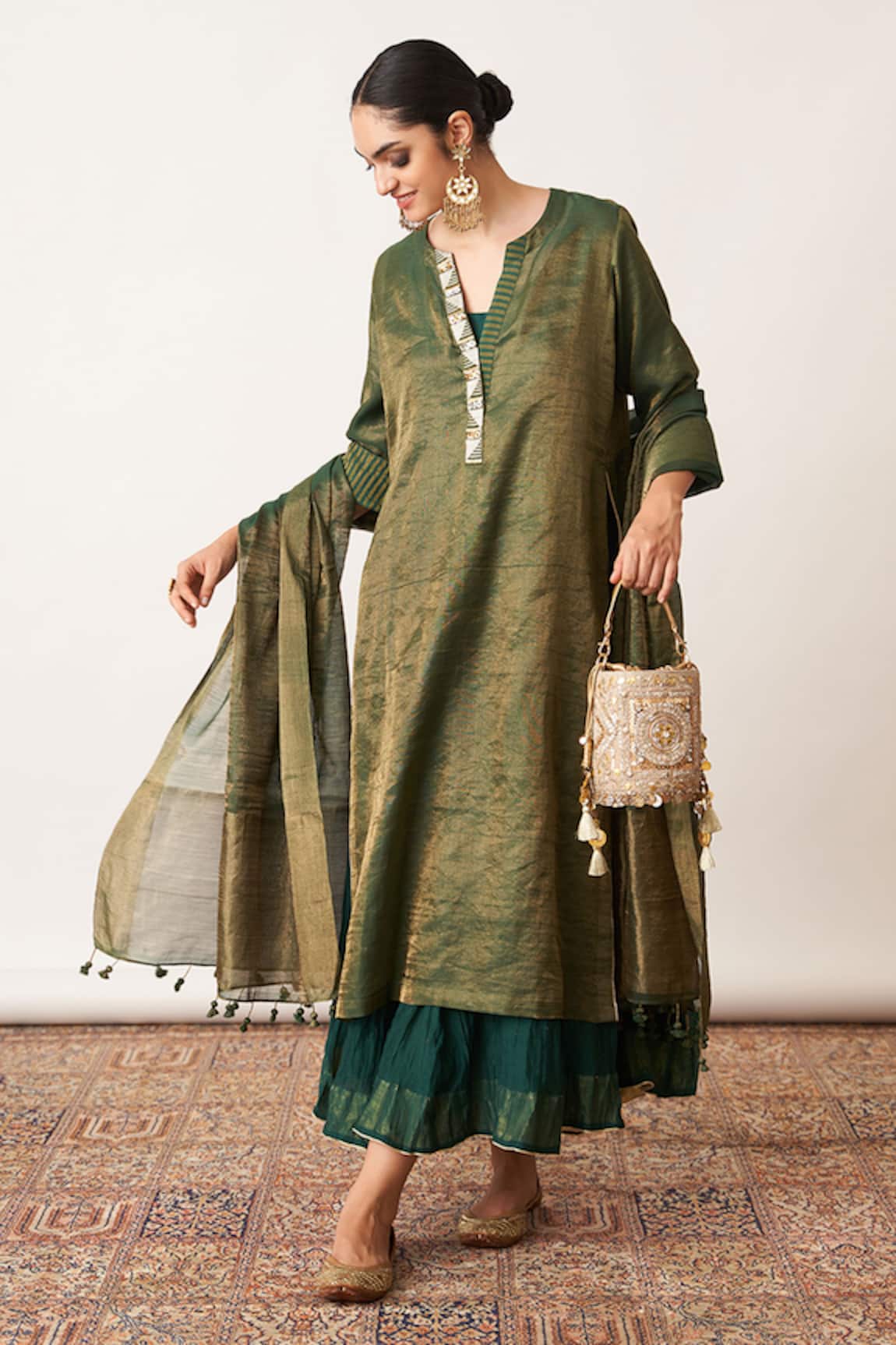 Vaaya Striped Cuff Kurta & Kalidar Skirt Set 
