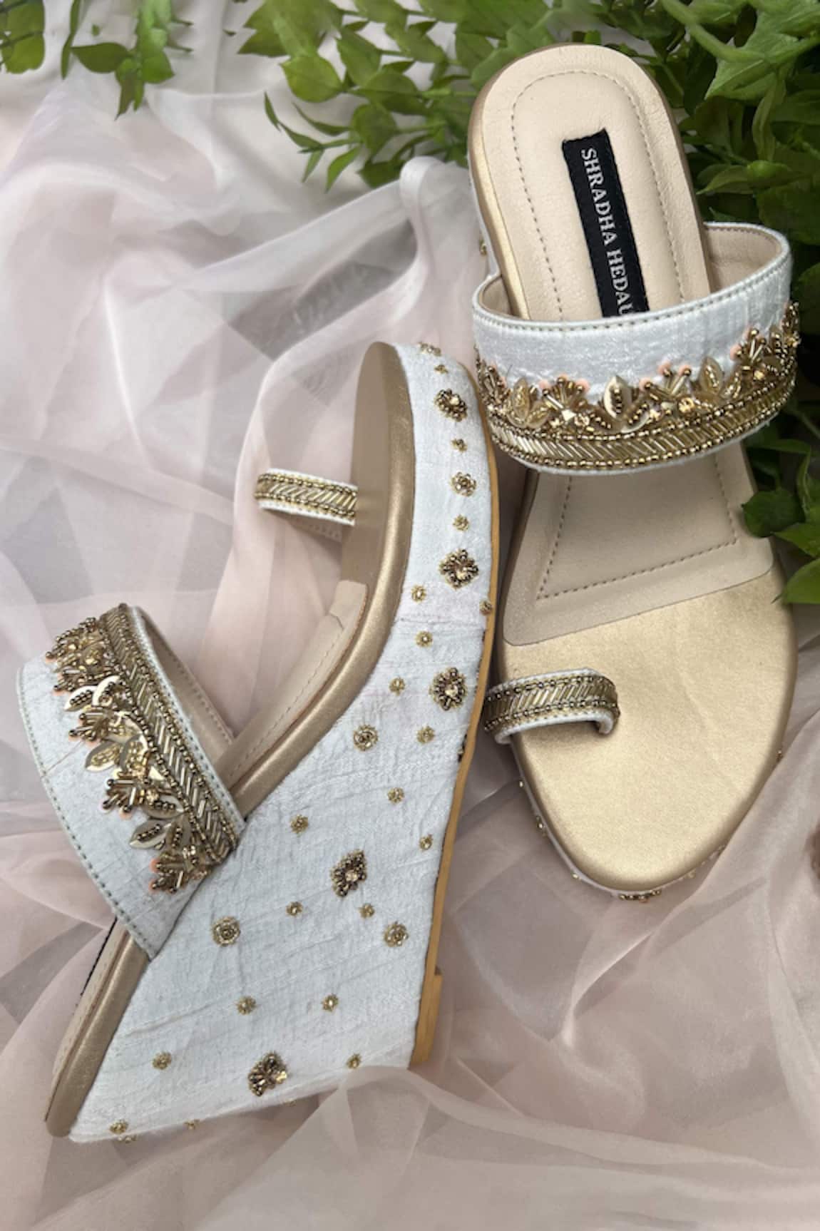Shradha Hedau Footwear Couture Gold Sequin Vine Embroidered Kolhapuri Wedges 