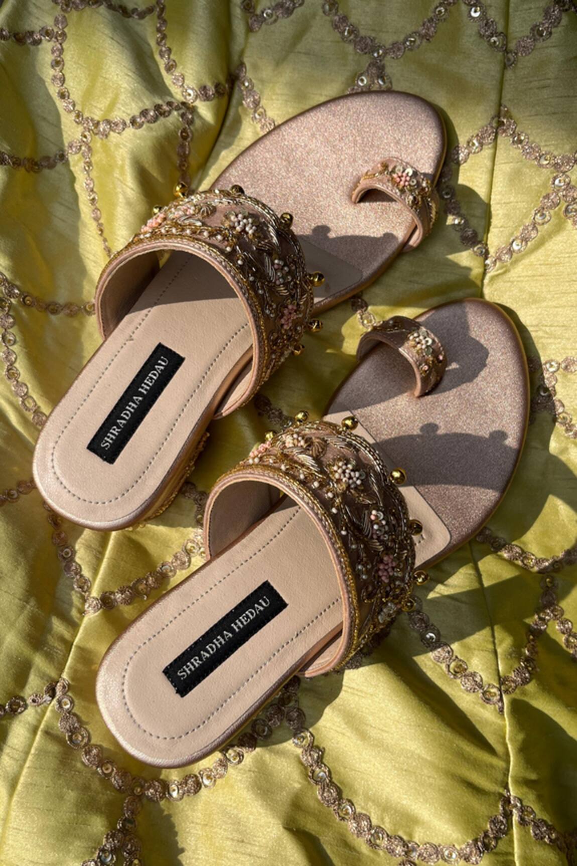 Shradha Hedau Footwear Couture Peach Zardozi Embroidered Kolhapuri Block Heels 