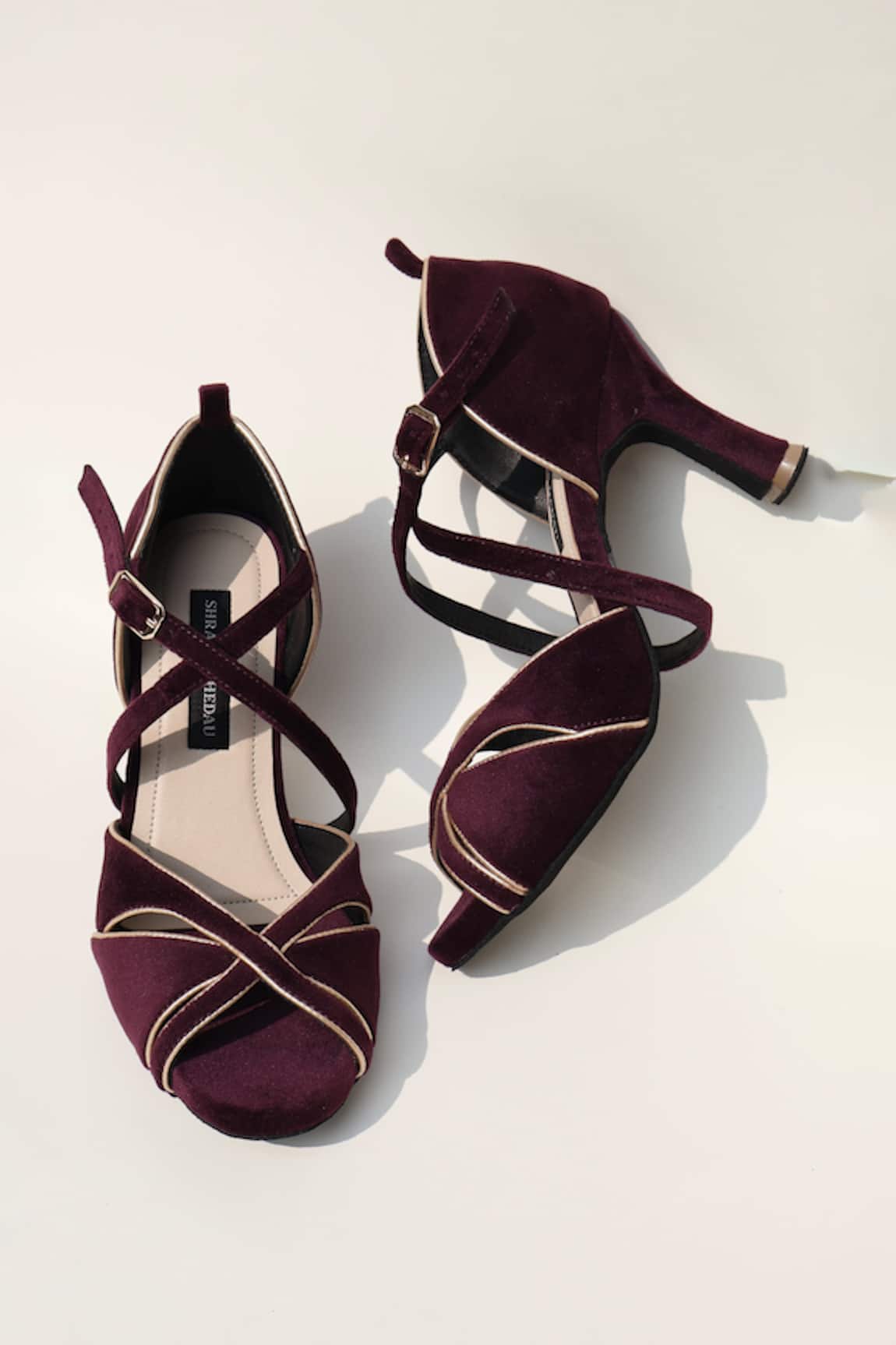 Shradha Hedau Footwear Couture Wine Strappy Heels With Golden Edges 