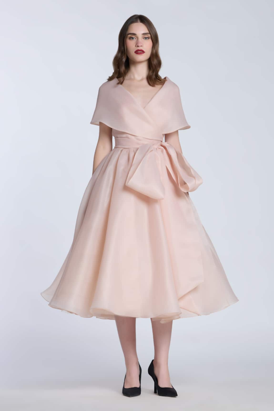 Gauri & Nainika Beige Solid Midi Dress with Shawl Collar 