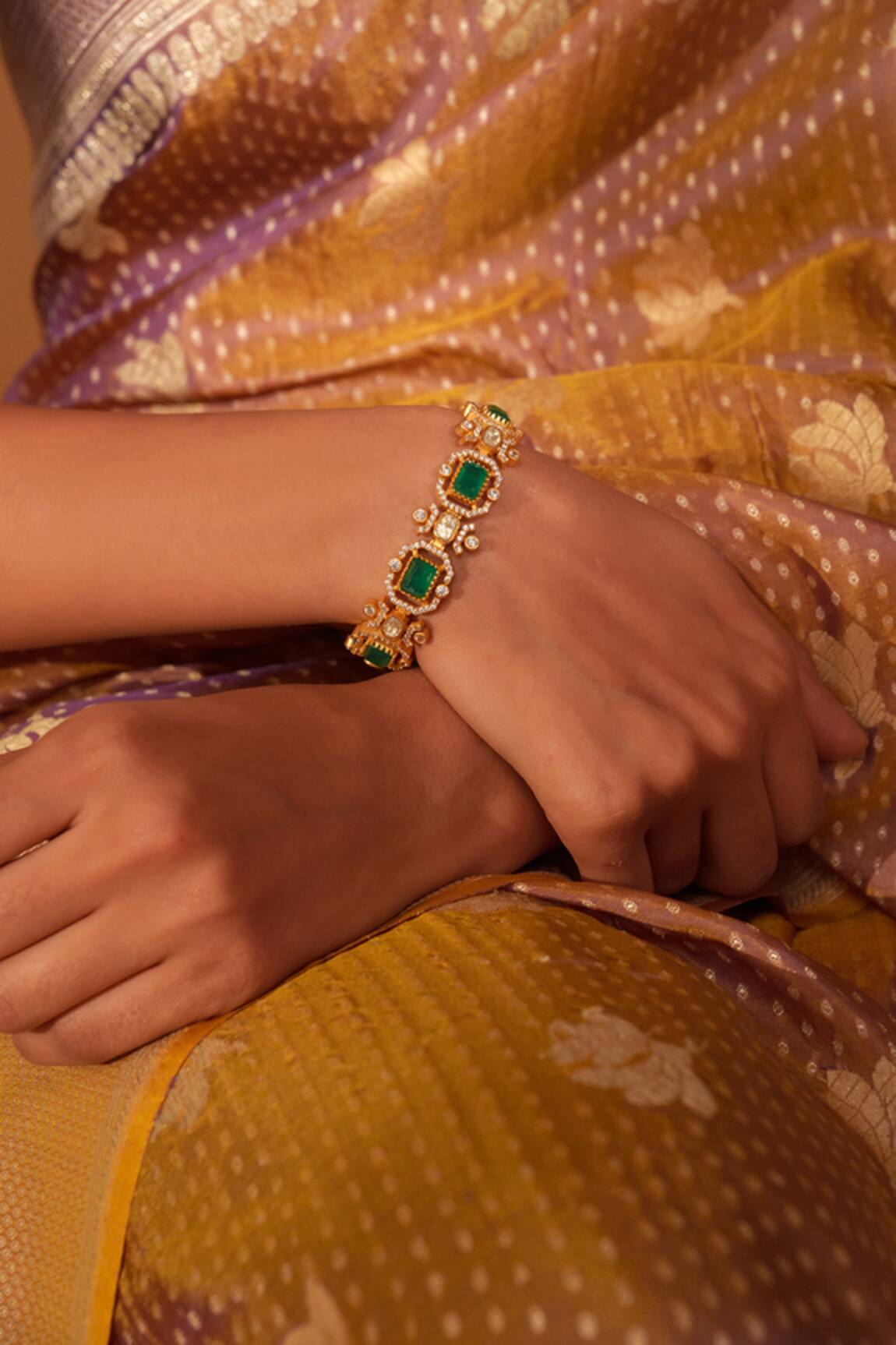 Zevar By Geeta Geometric Moissanite & Green Stone Bracelet 