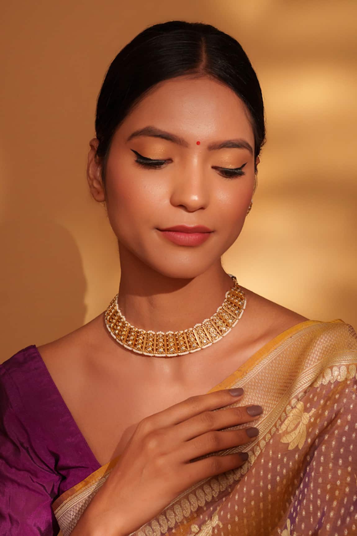 Zevar By Geeta Gold Stone Studded Temple Choker Set