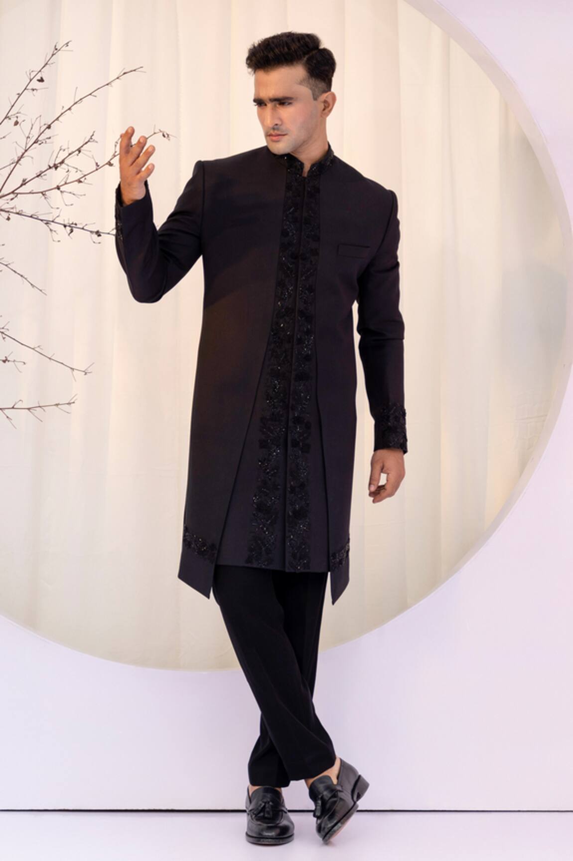 Yoseba Black Embroidered Achkan & Trouser Set