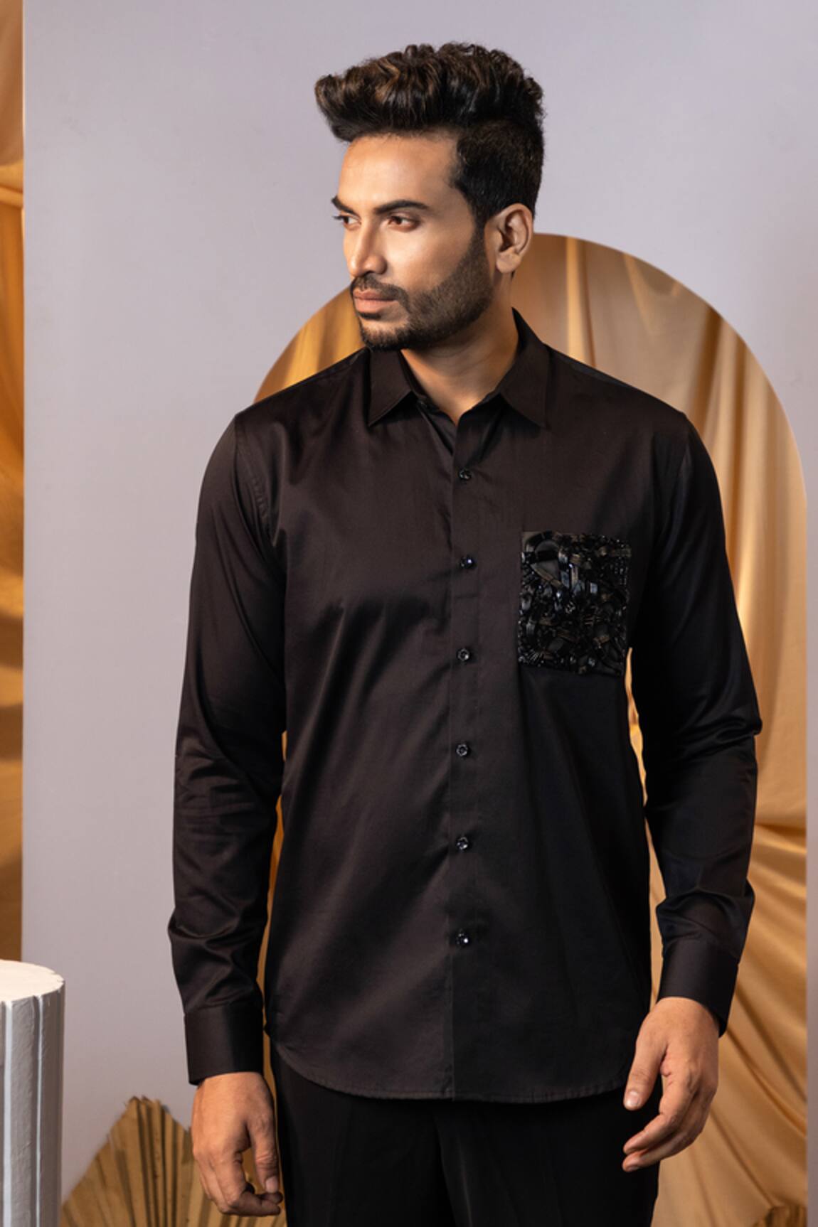 Yoseba Black Leather Embroidered Pocket Shirt