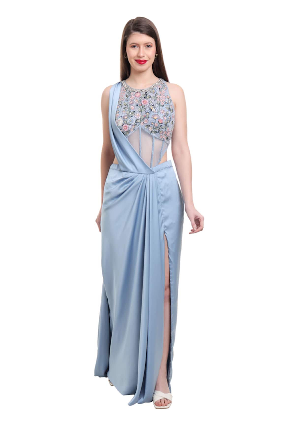 Isha Regalia Blue Pre-Draped Saree With Bodysuit 