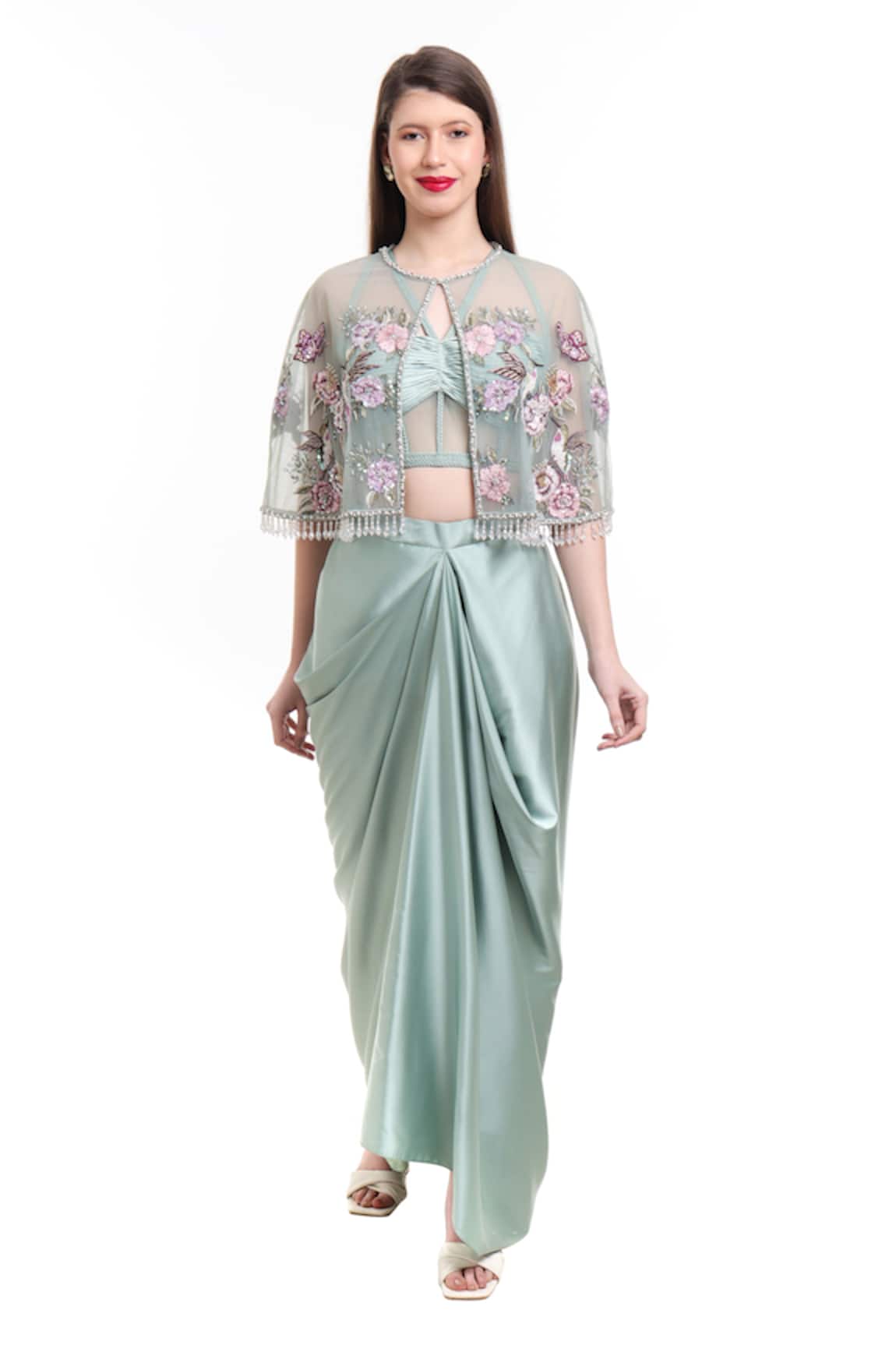 Isha Regalia Floral Embroidered Cape Draped Skirt Set 
