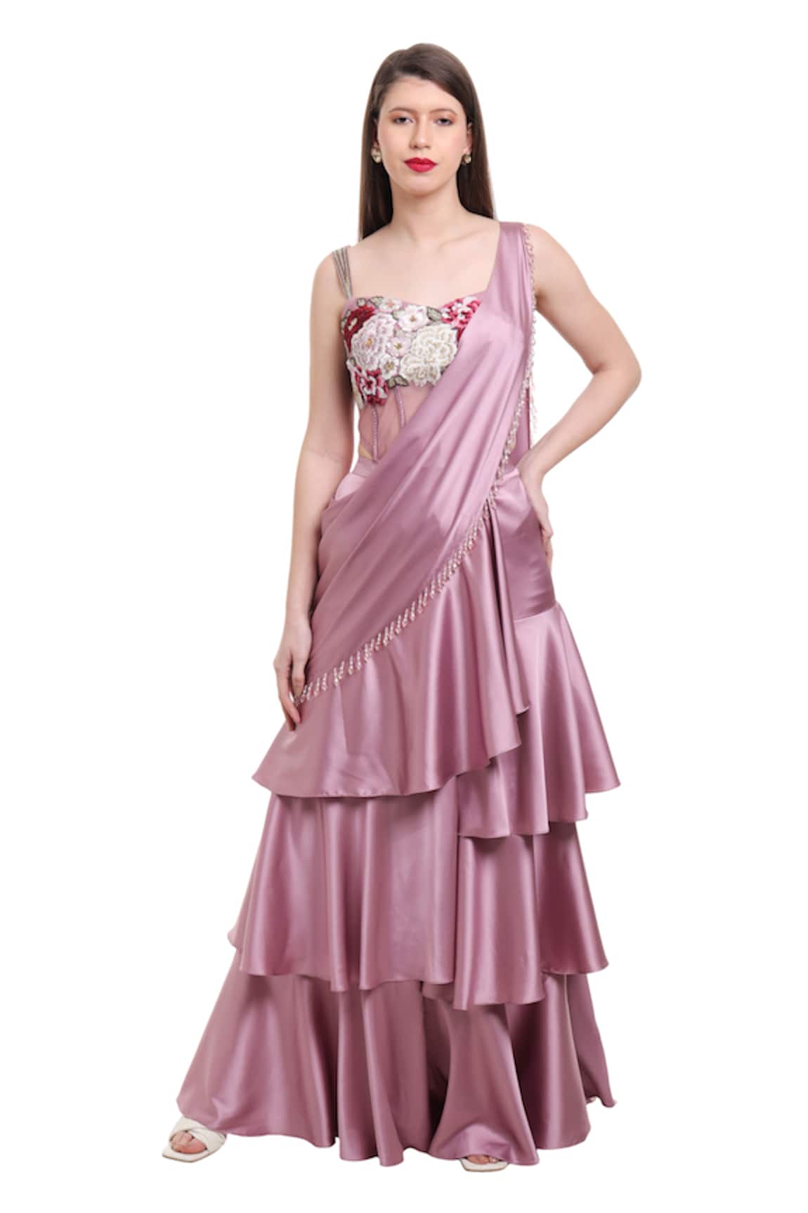 Isha Regalia Mauve Pre-Draped Ruffle Saree Set 