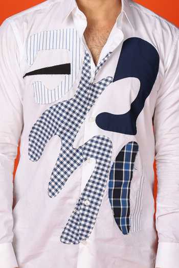 Buy White Cotton Embroidery Patchwork Shirt For Men by Noonoo