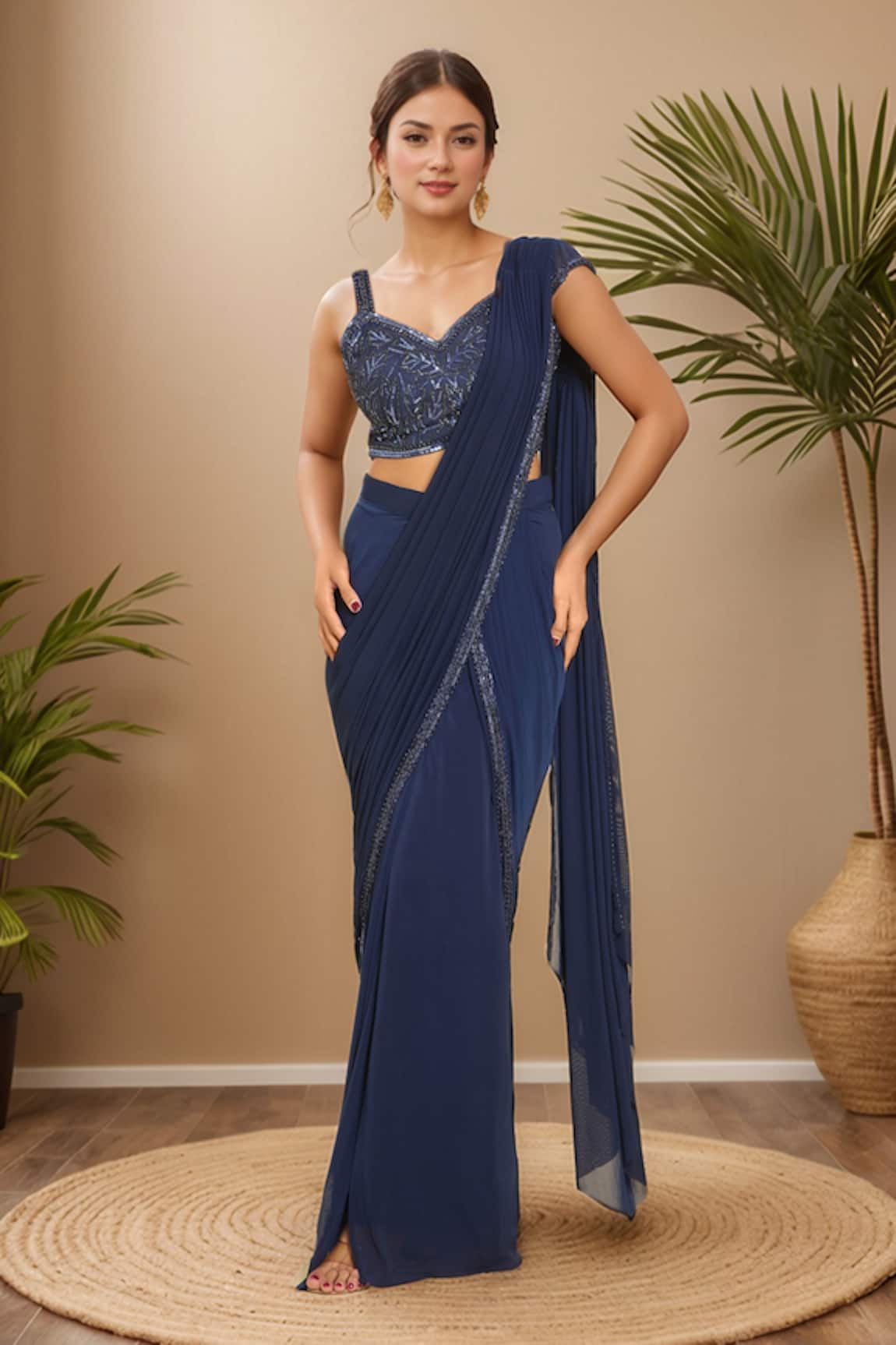Samyukta Singhania Embroidered Pre-Draped Saree & Blouse Set 