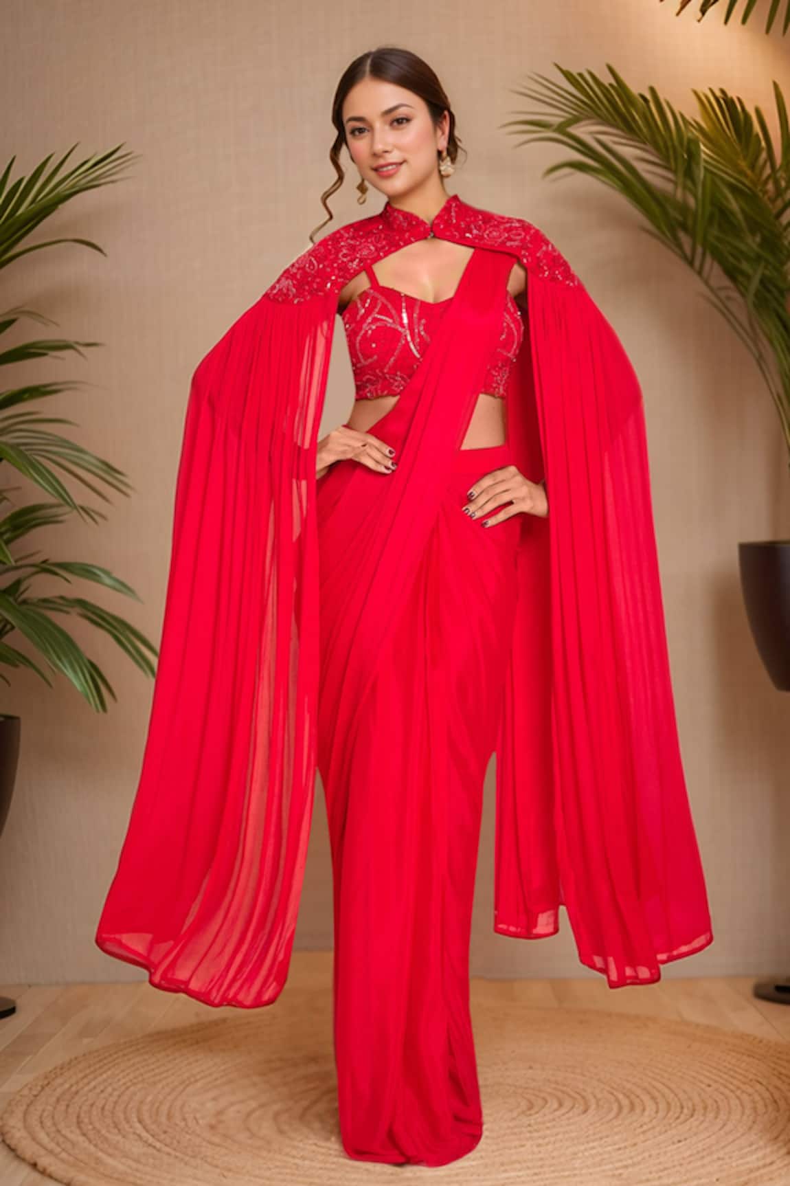 Samyukta Singhania Solid Pre-Draped Saree Set With Embroidered Cape 