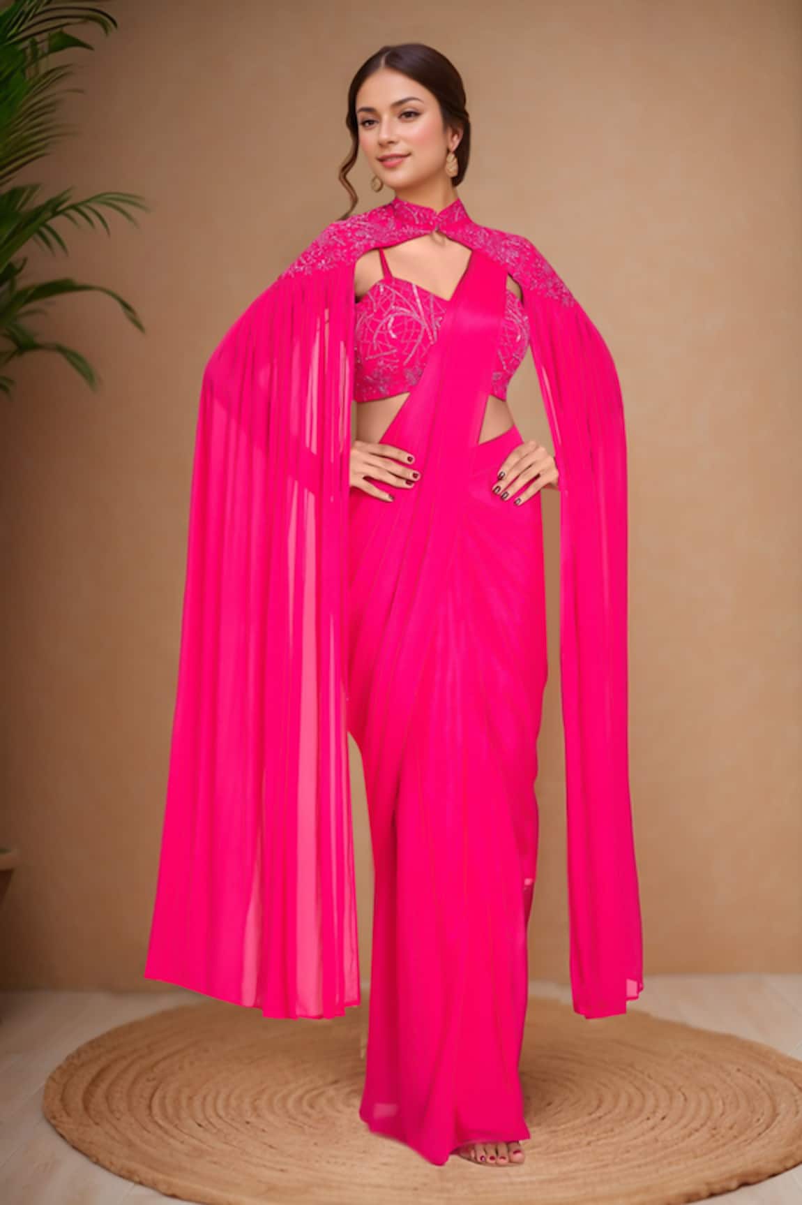 Samyukta Singhania Solid Pre-Draped Saree Set With Cape 