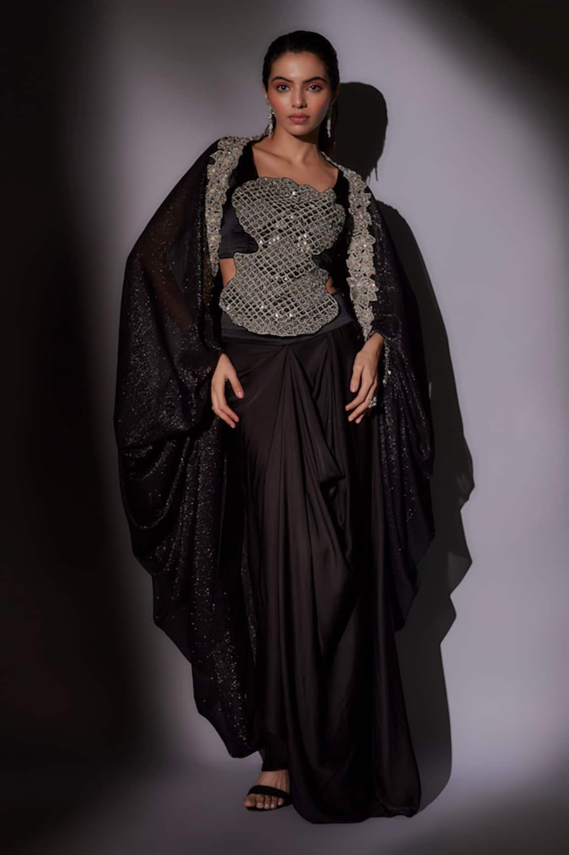 Ajiesh Oberoi Black Cutwork Embroidered Cape Skirt Set 