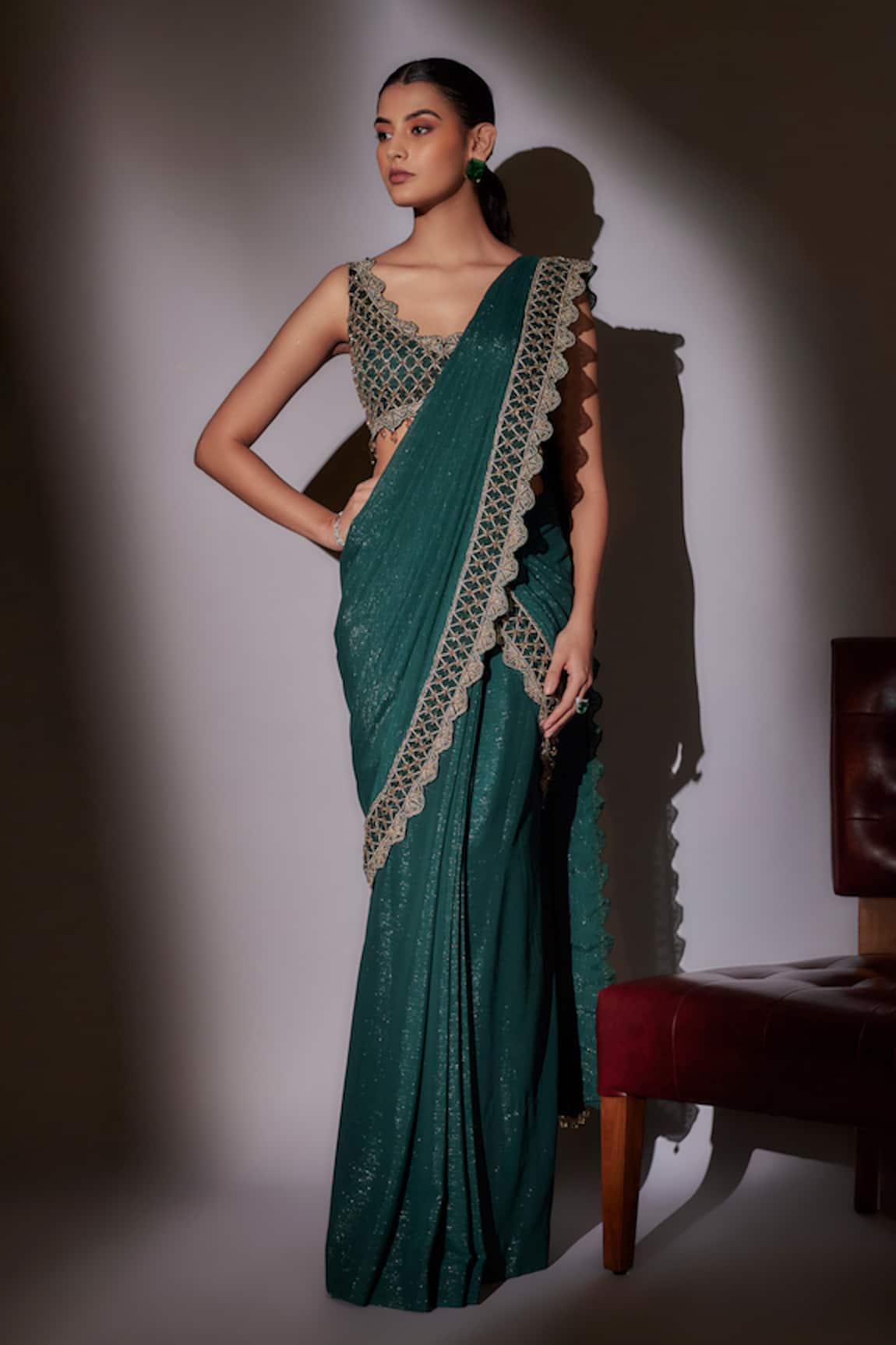 Ajiesh Oberoi Embroidered Scallop Blouse & Pre-Draped Saree 