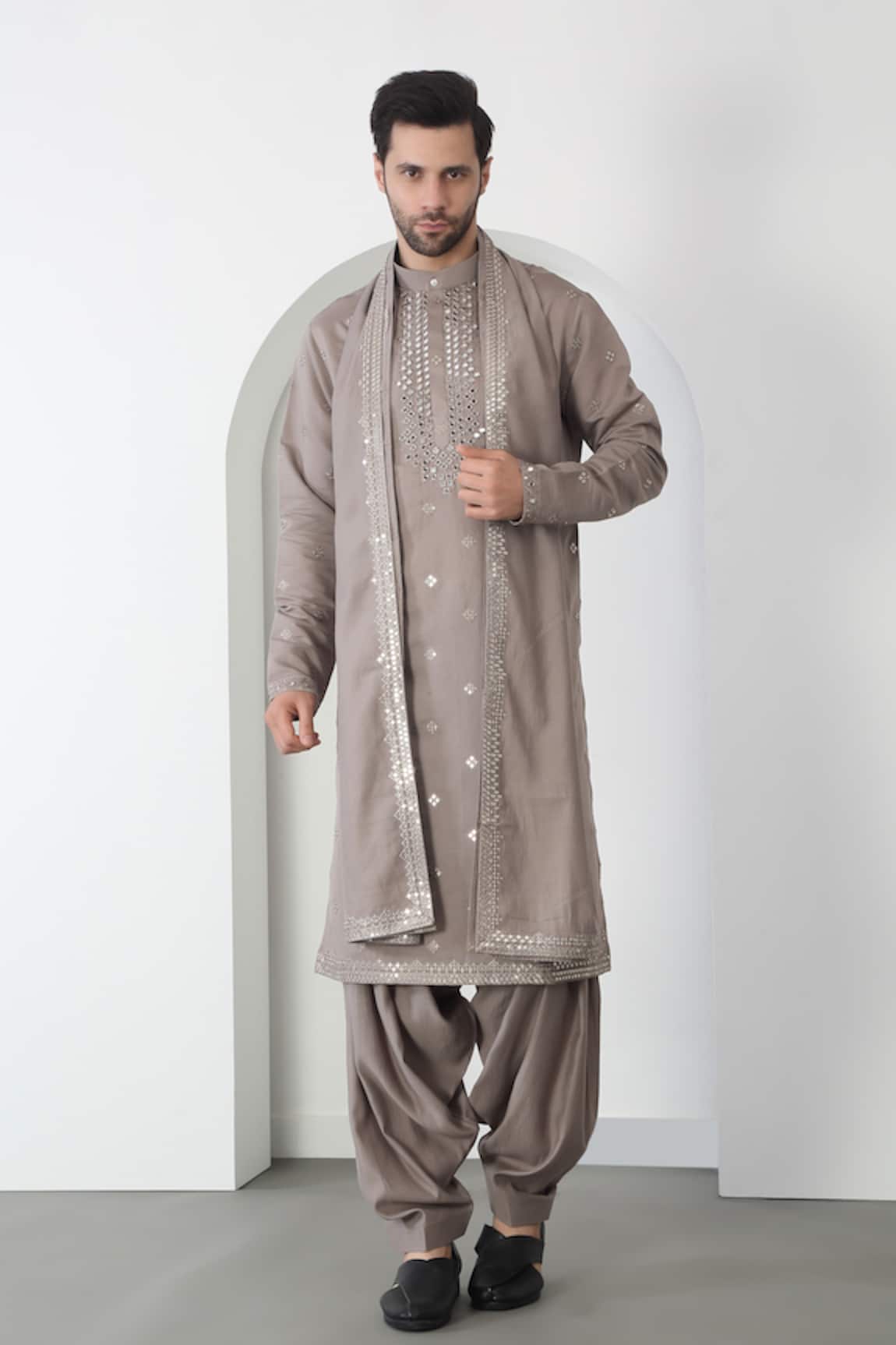Aham-Vayam Grey Mirror Embroidered Kurta Patiala Set 