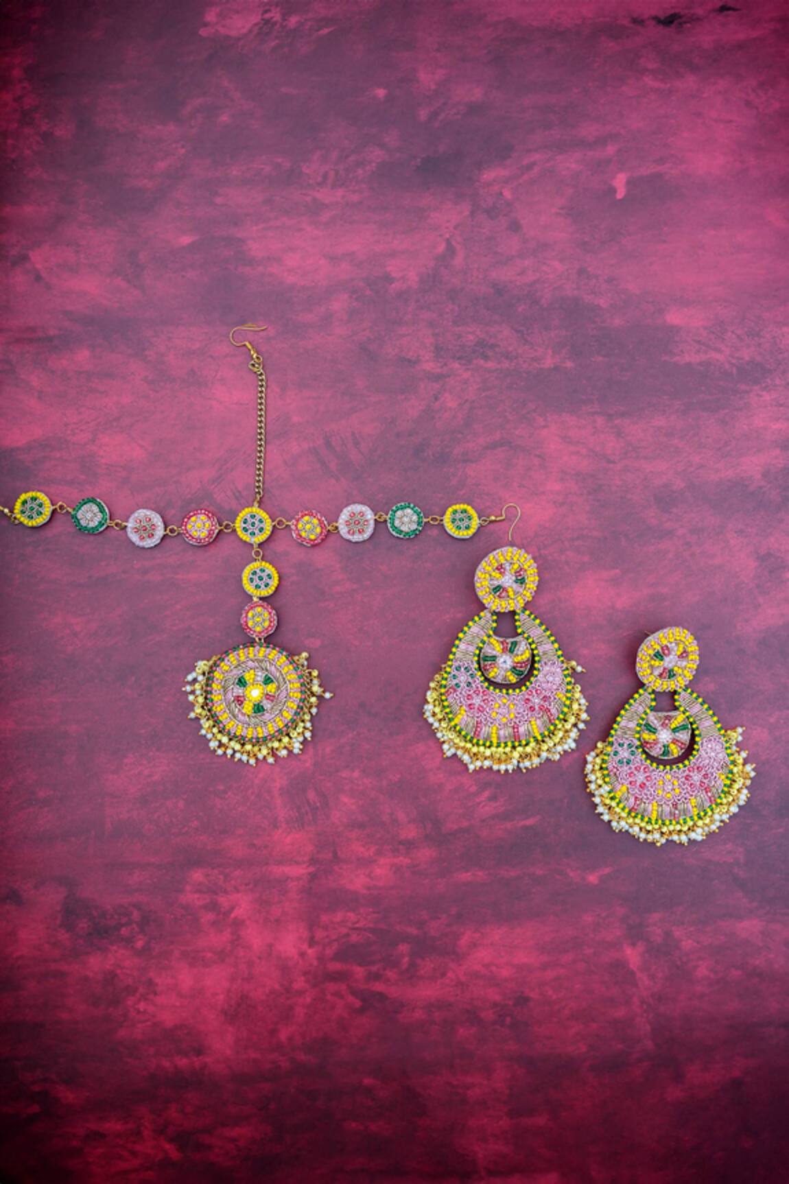 Kanyaadhan By Dhirajaayushi Multi Color Beaded Mathapatti & Earring Set