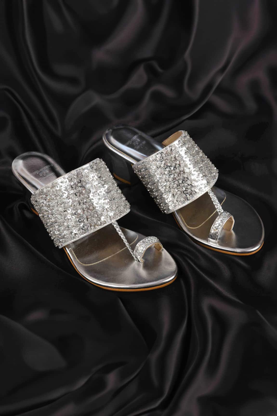 Irasoles Silver Cutdana Sequin Kolhapuri Block Heels 