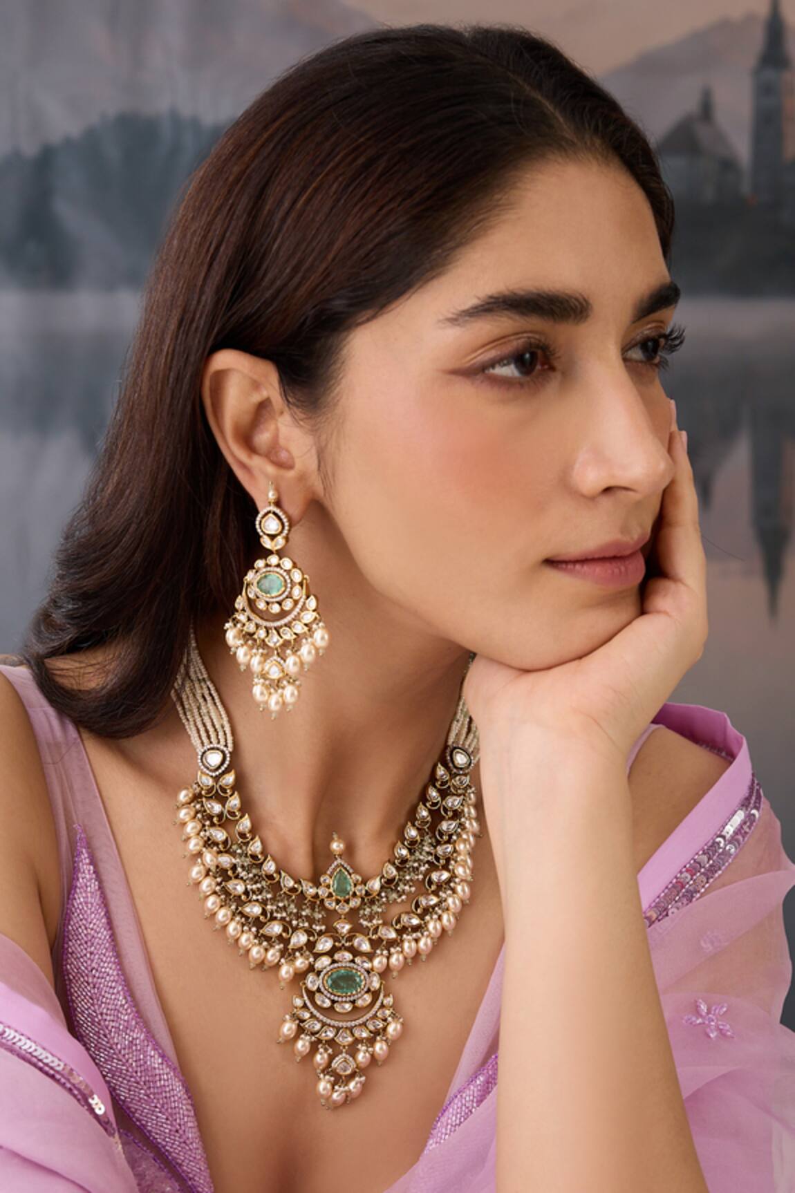 Paisley Pop Polki Embellished Green Necklace Set 