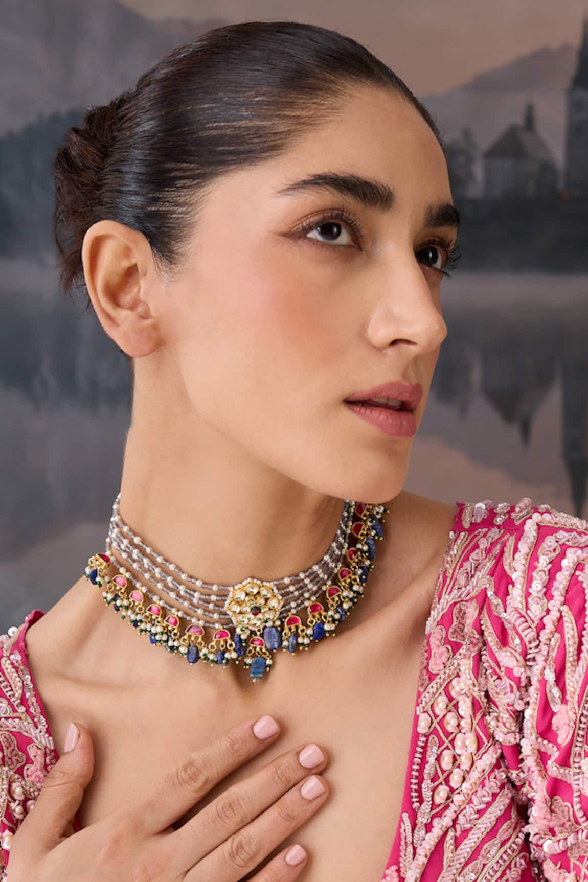 Paisley Pop Floral Layered Blue Stone Choker 