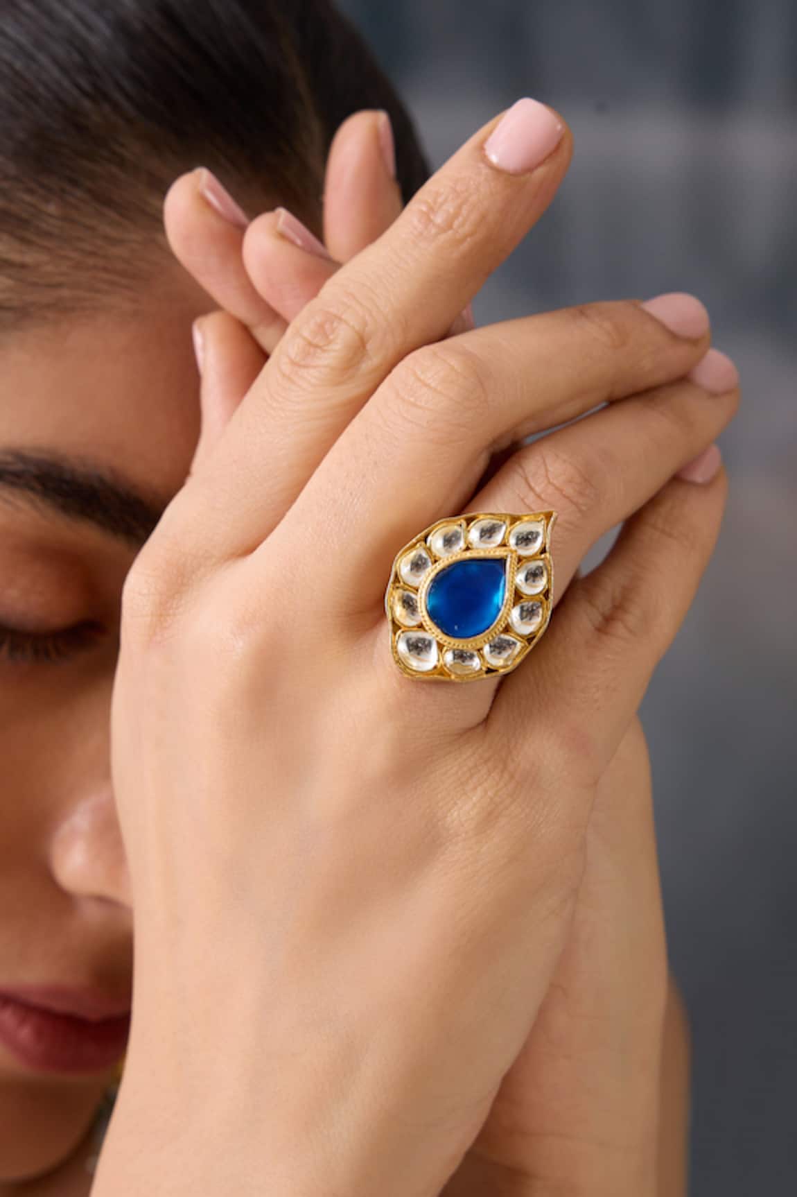 Paisley Pop Kundan Blue Stone Adjustable Ring 
