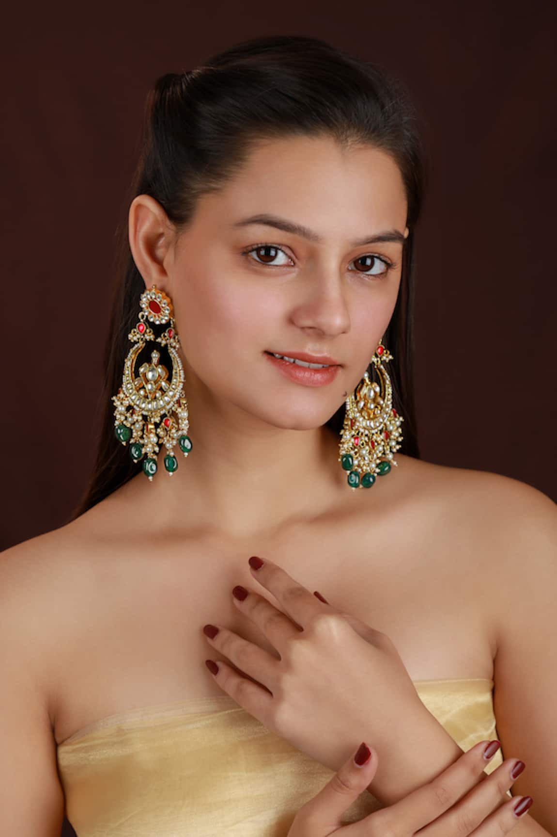 Riana Jewellery Green Jadtar Stone Chandbali Earrings 