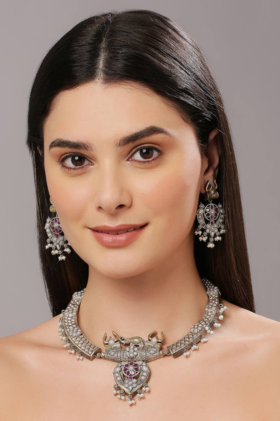 Tad Accessories Kundan Bead Elephant Pendant Necklace Set