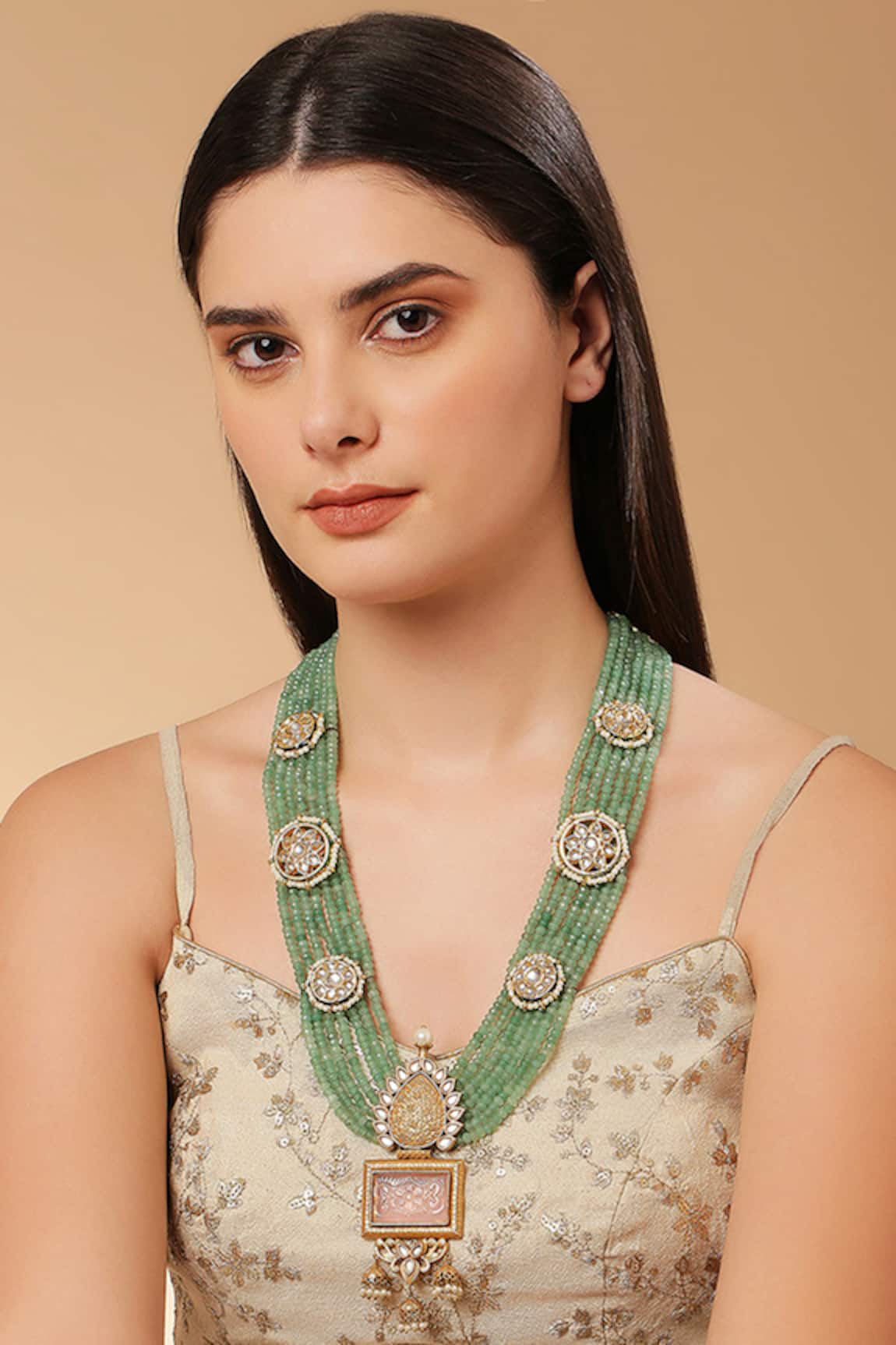 Tad Accessories Green Kundan Tear Drop Pendant Necklace