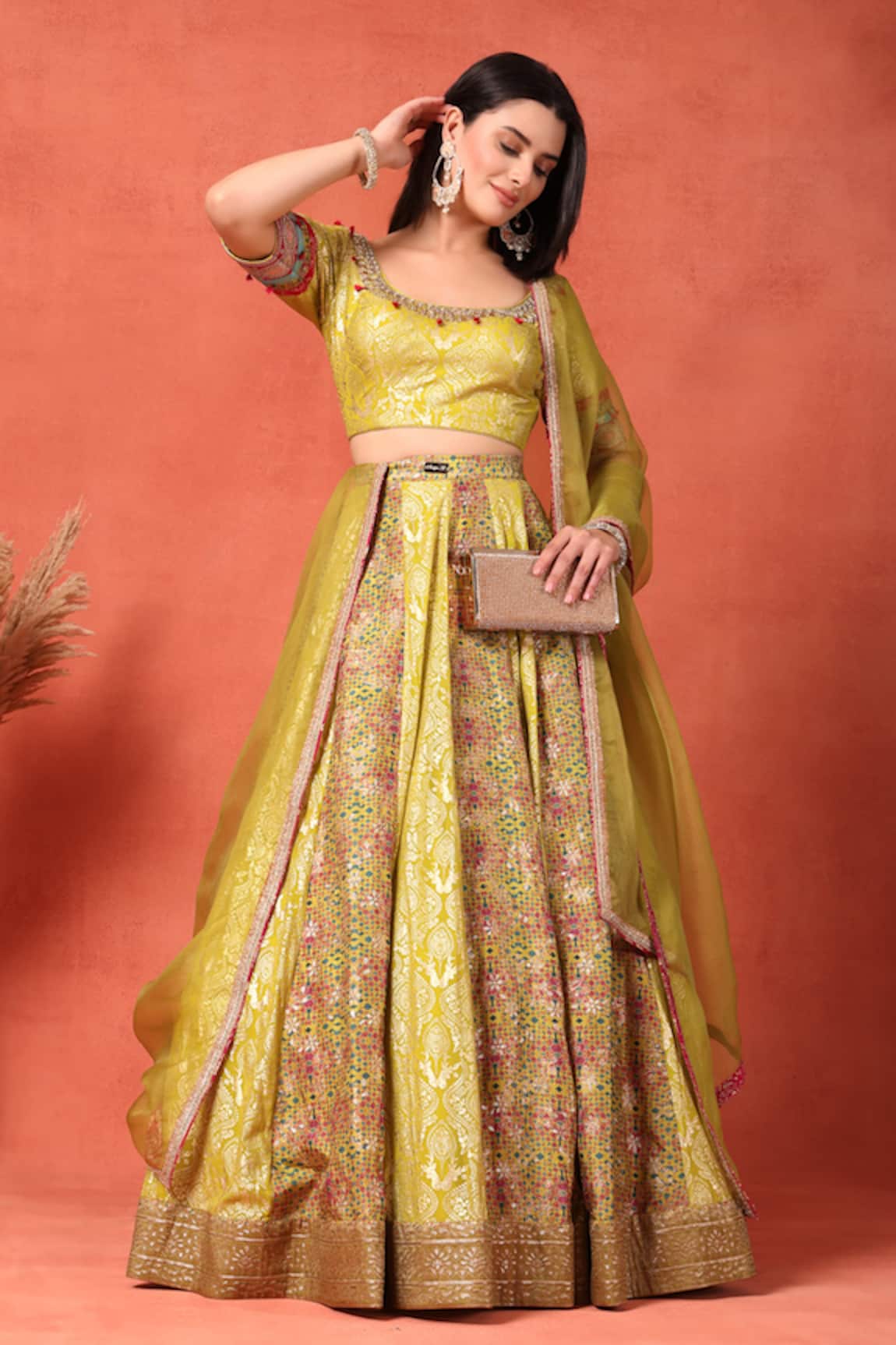 Soniya G Yellow Foil Work Kalidar Lehenga Set 