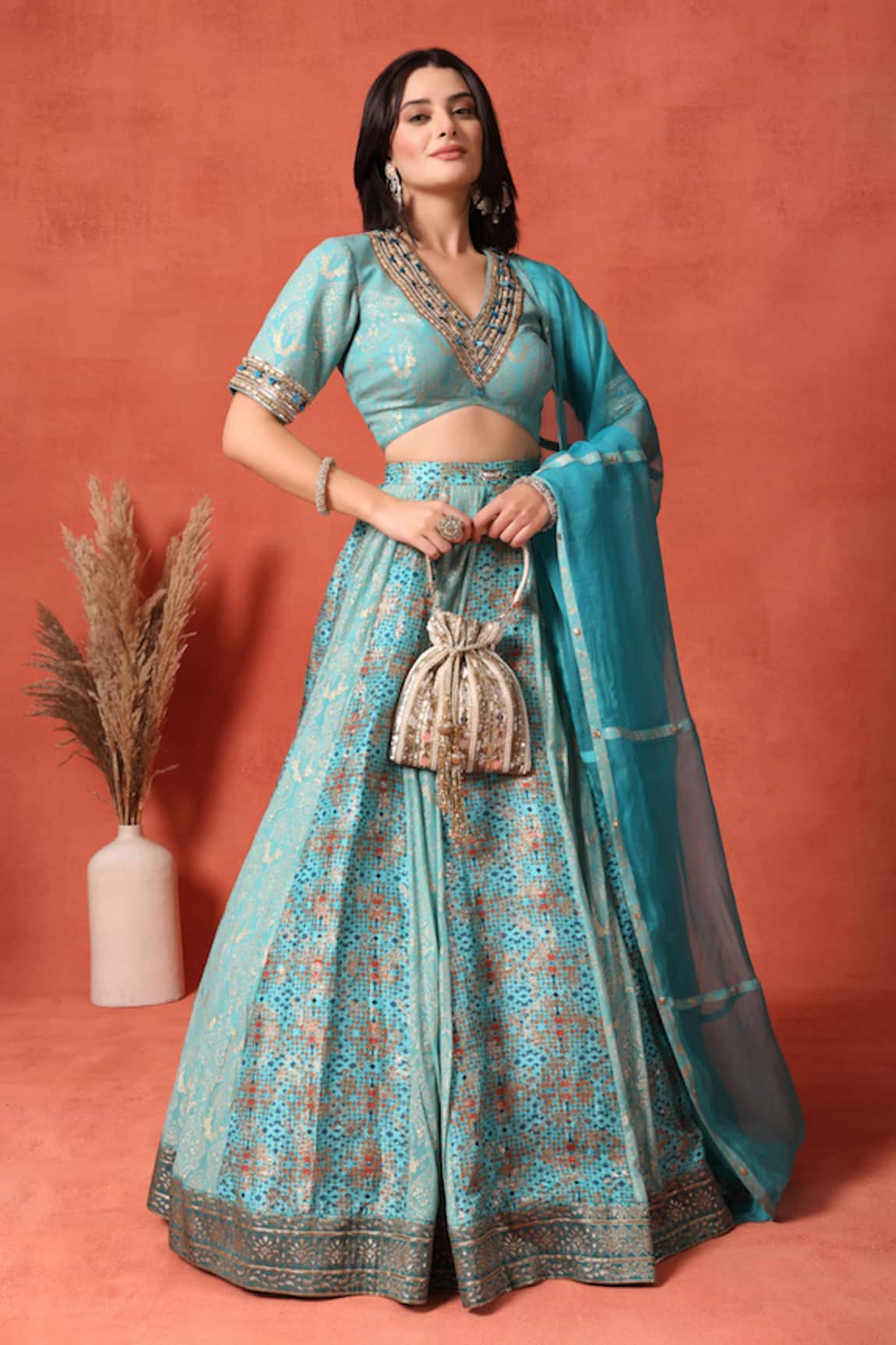 Soniya G Firoza Foil Work Kalidar Lehenga Set 