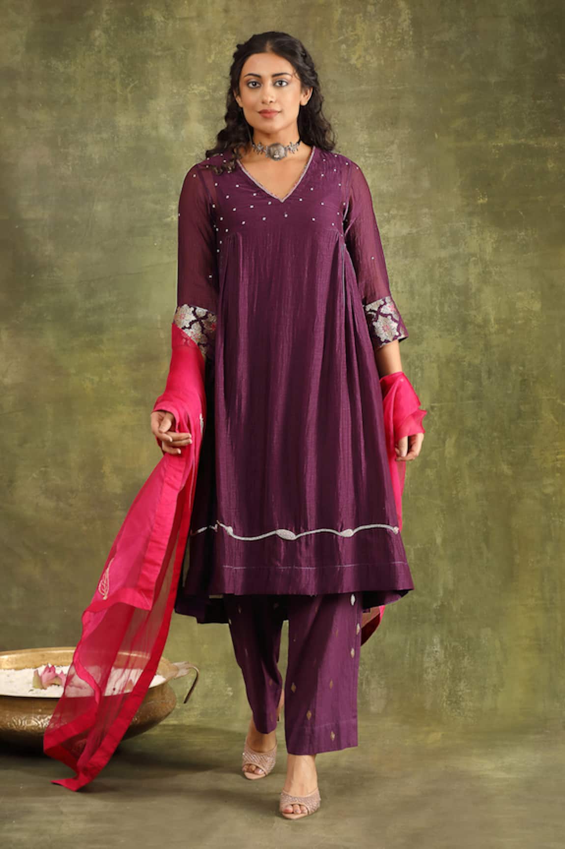Trendy tokari V Neck Pearl Hand Embroidered Anarkali Set 