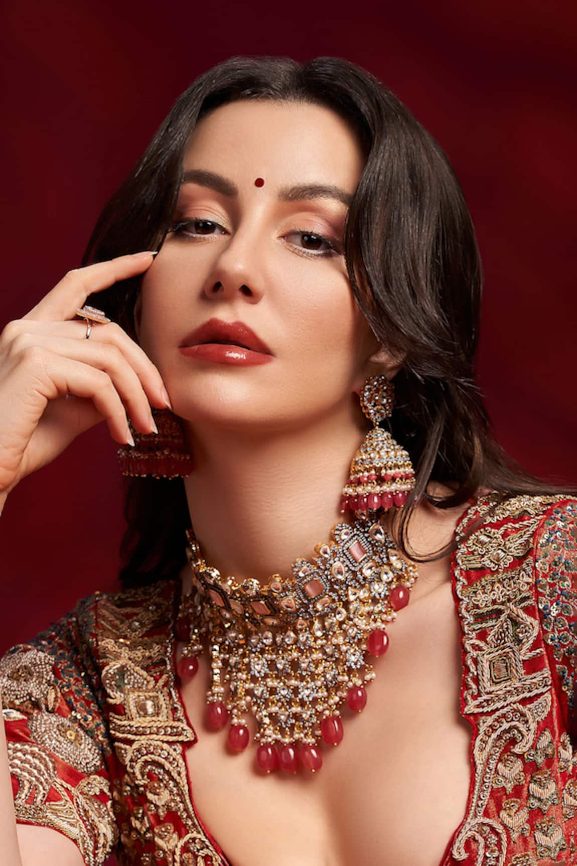 Amaara Jewels Coral & Pink Embellished Necklace Set