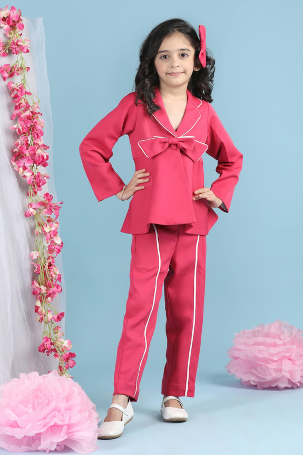 The little celebs Bow Embellished Peplum Top & Pant Set 