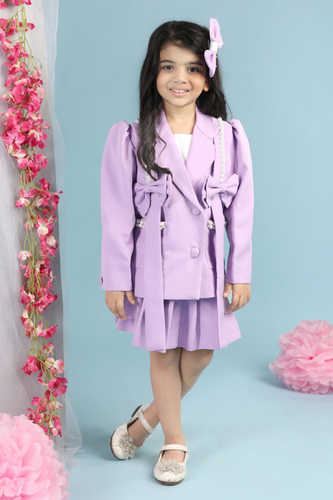 The Little Celebs Lilac Pearl Bow Embellished Blazer & Skirt Set 