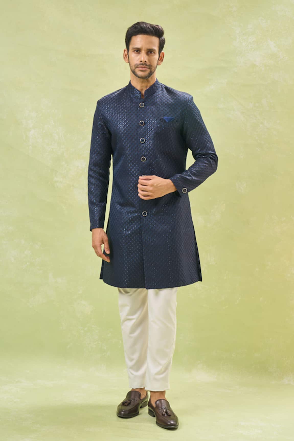 Arihant Rai Sinha Blue Woven Jacquard Sherwani Set 