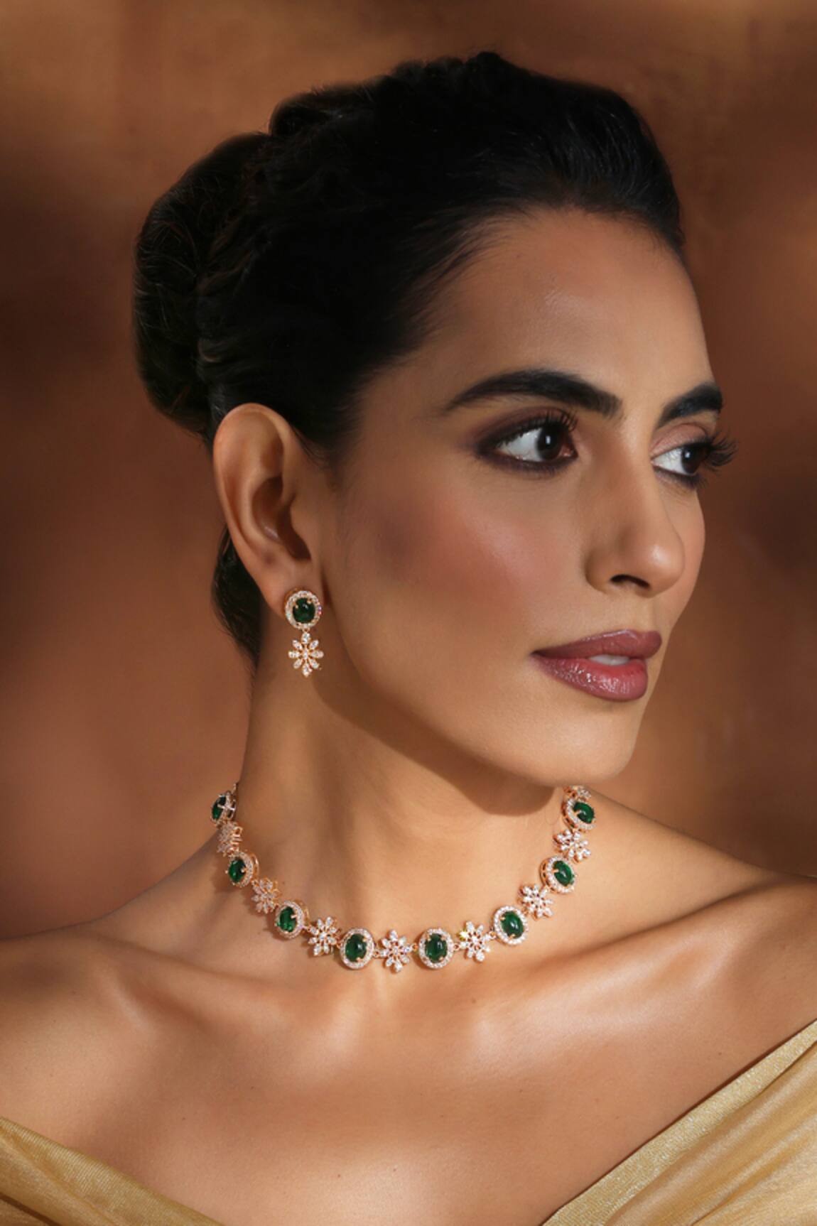 Swabhimann Cubic Zirconia Green Stone Necklace Set 