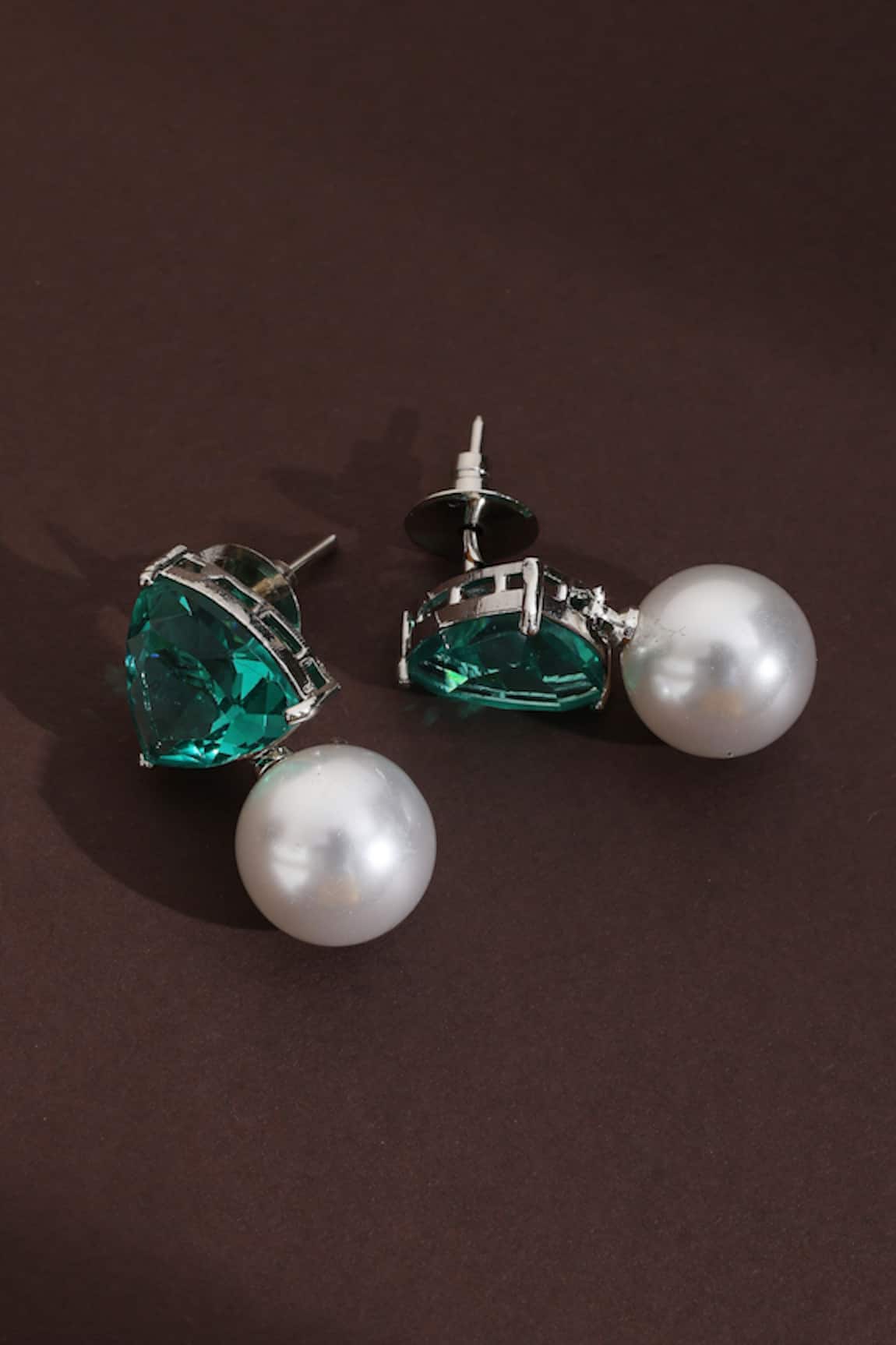 Swabhimann Triangular Green CZ & Pearl Drop Earrings 